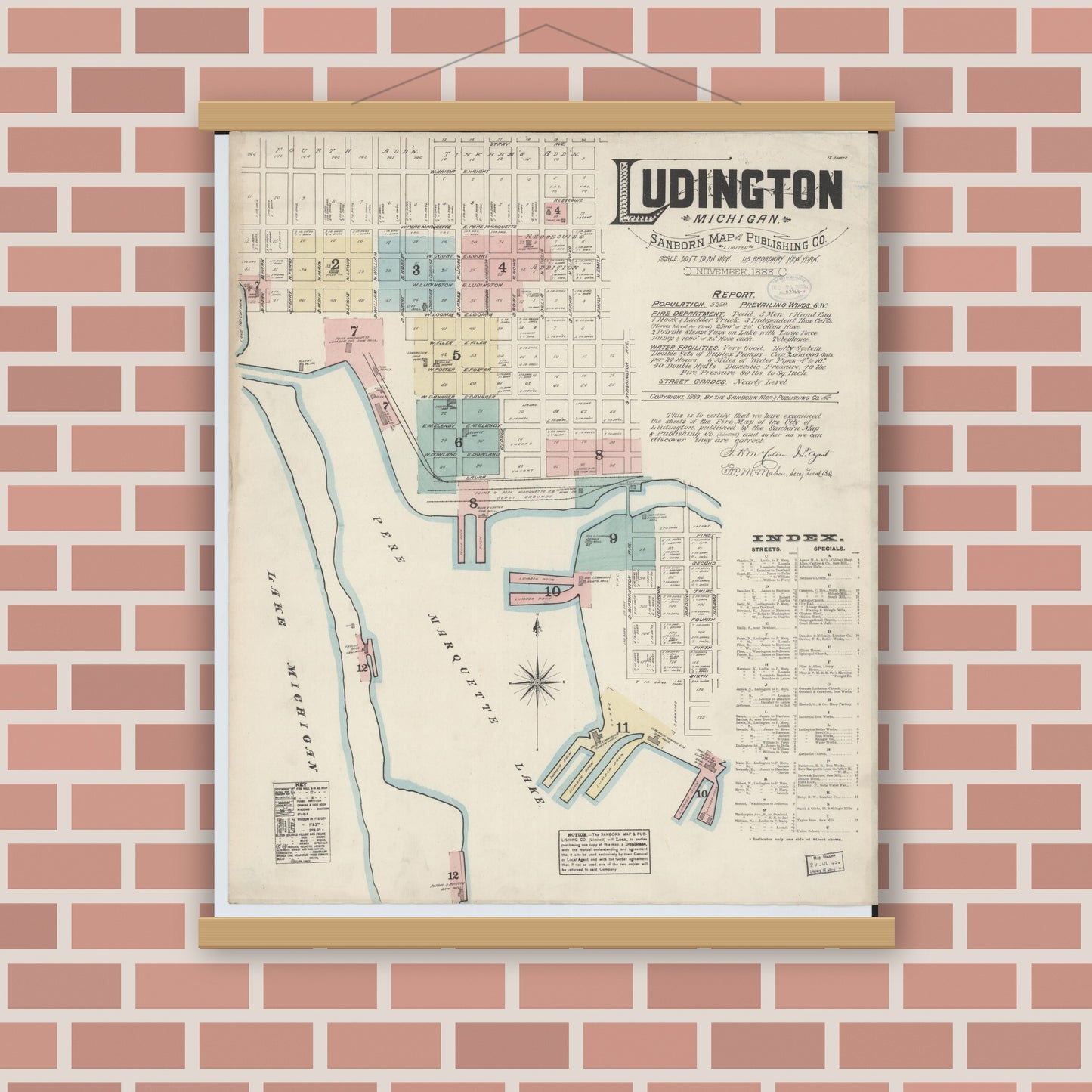 Old map wall art mockup — magnetic wood frame on brick wall — Sanborn Fire Insurance Map from Ludington, Mason County, Michigan (1883) - Complete Map Set