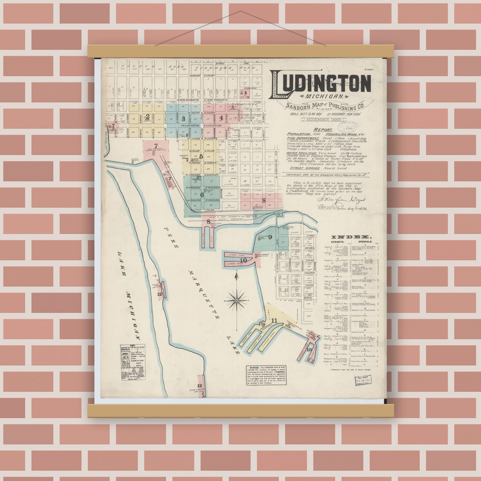 Old map wall art mockup — magnetic wood frame on brick wall — Sanborn Fire Insurance Map from Ludington, Mason County, Michigan (1883) - Complete Map Set