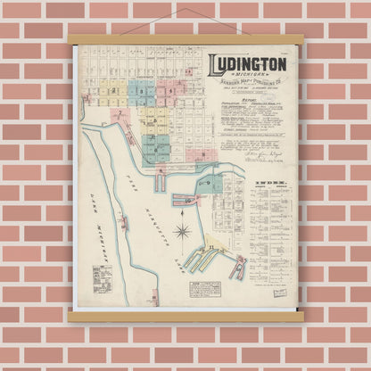 Old map wall art mockup — magnetic wood frame on brick wall — Sanborn Fire Insurance Map from Ludington, Mason County, Michigan (1883) - Complete Map Set