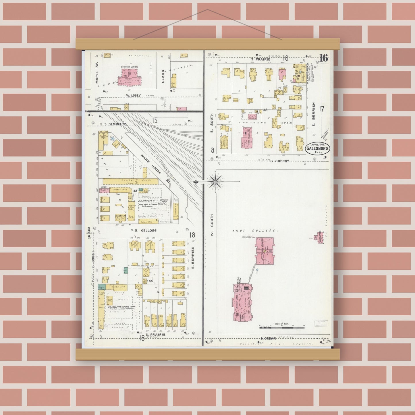 Old map wall art mockup — magnetic wood frame on brick wall — Sanborn Fire Insurance Map from Galesburg, Knox County, Illinois (1906), Sheet #0016