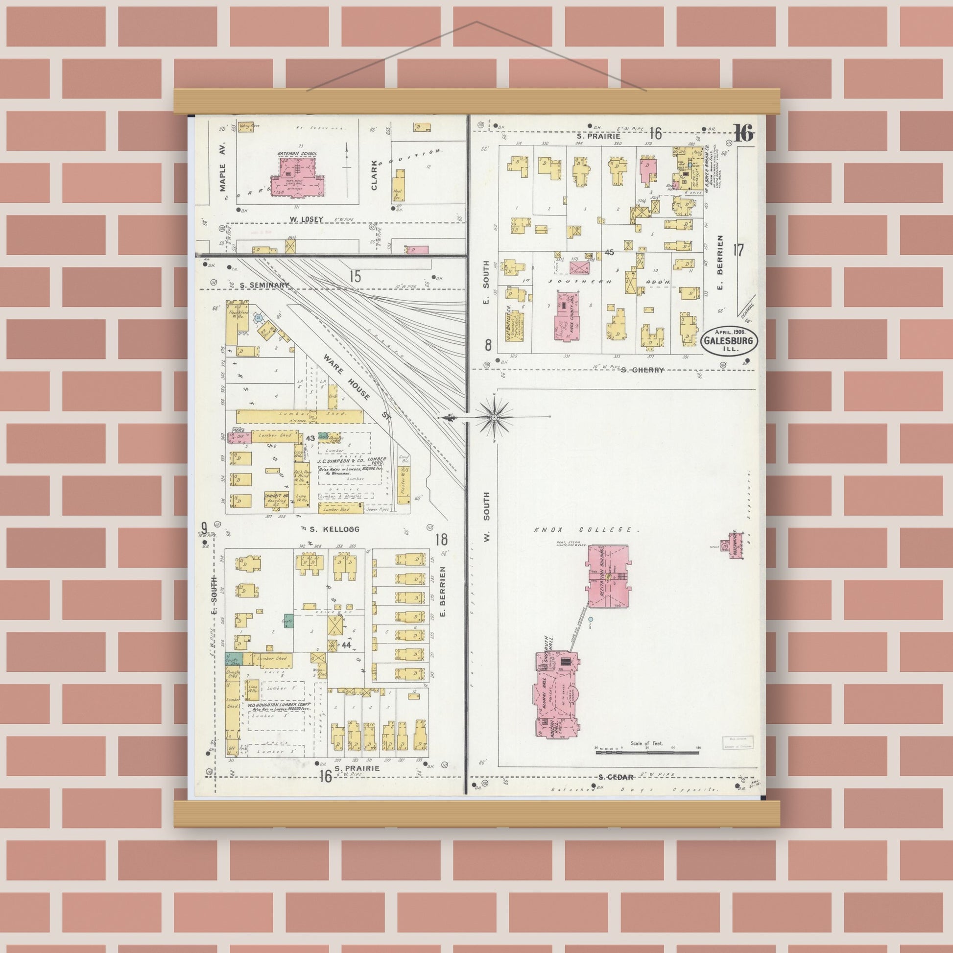 Old map wall art mockup — magnetic wood frame on brick wall — Sanborn Fire Insurance Map from Galesburg, Knox County, Illinois (1906), Sheet #0016