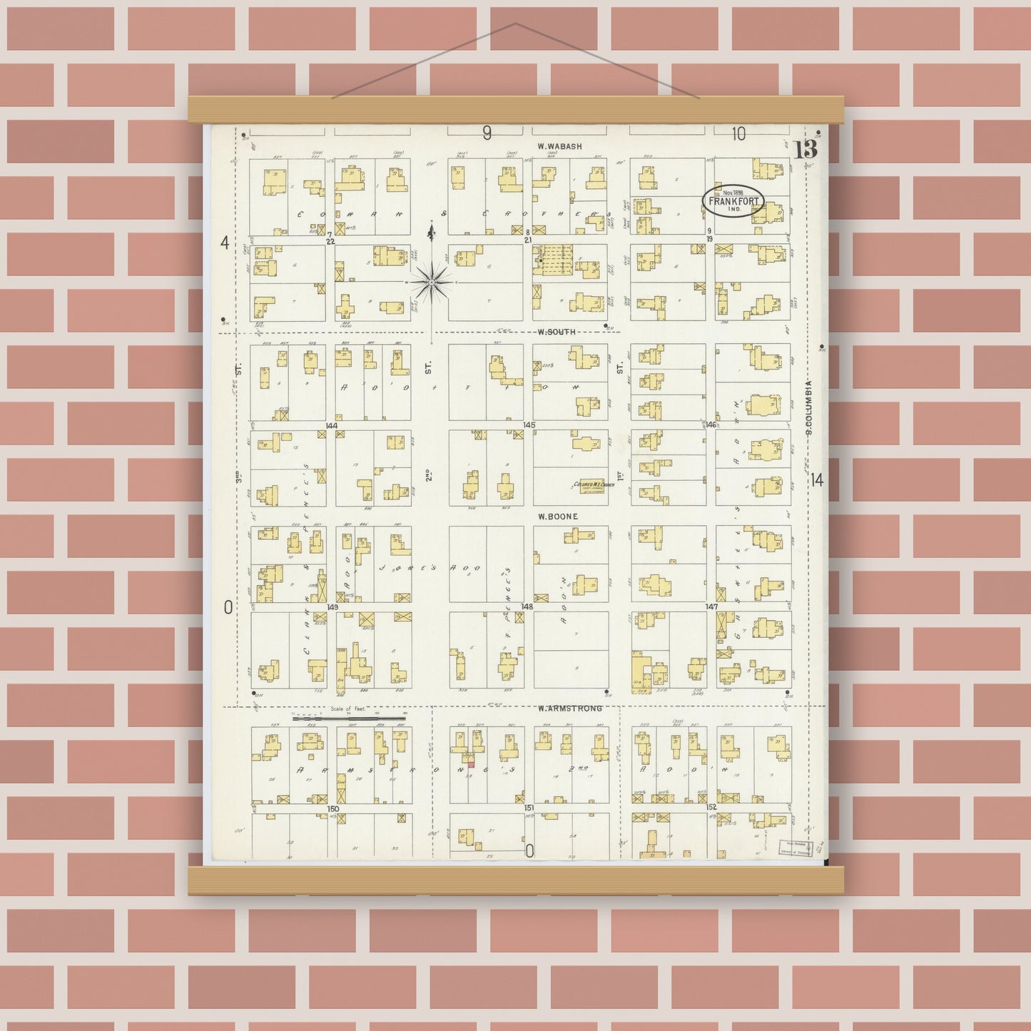 Old map wall art mockup — magnetic wood frame on brick wall — Sanborn Fire Insurance Map from Frankfort, Clinton County, Indiana (1898), Sheet #0013