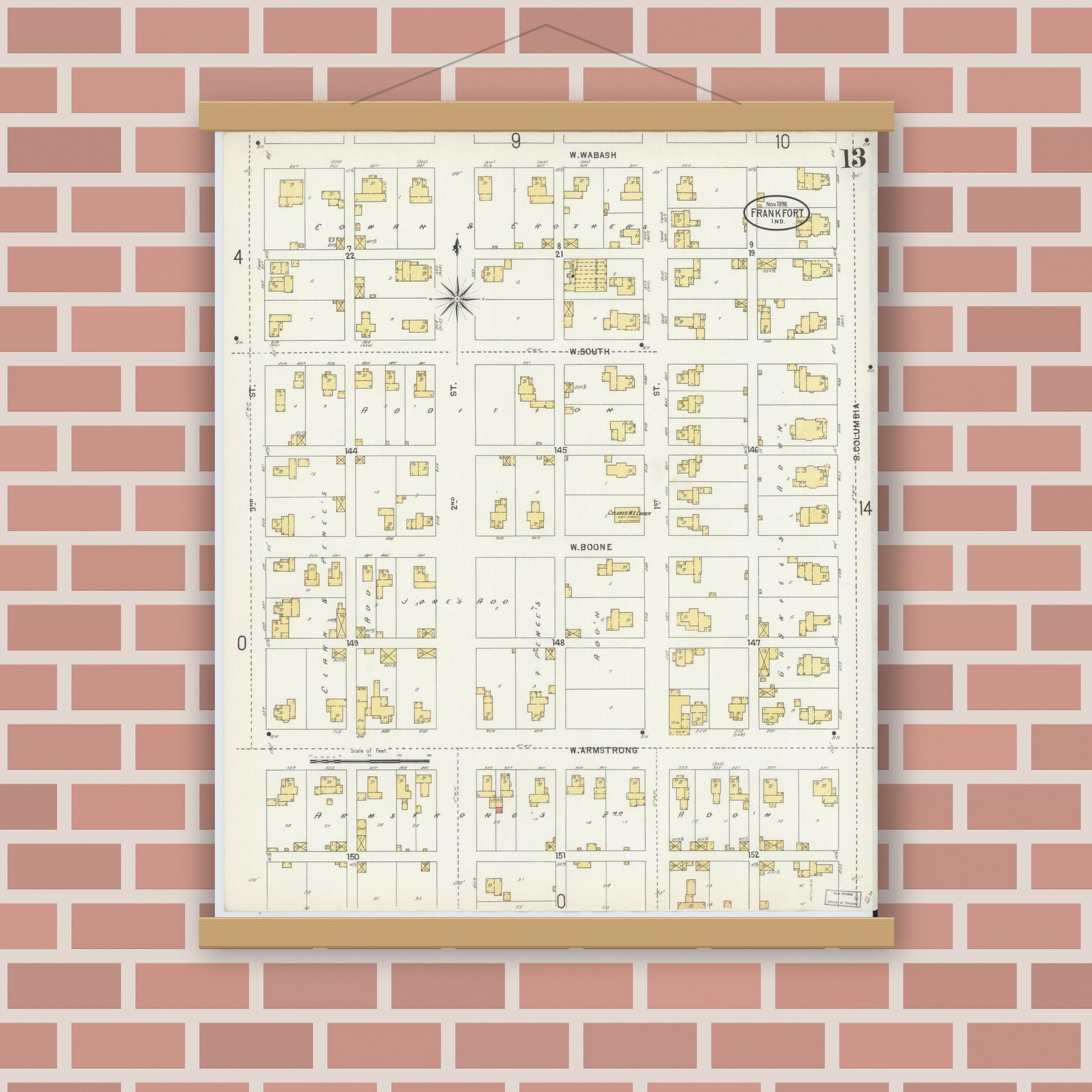 Old map wall art mockup — magnetic wood frame on brick wall — Sanborn Fire Insurance Map from Frankfort, Clinton County, Indiana (1898), Sheet #0013