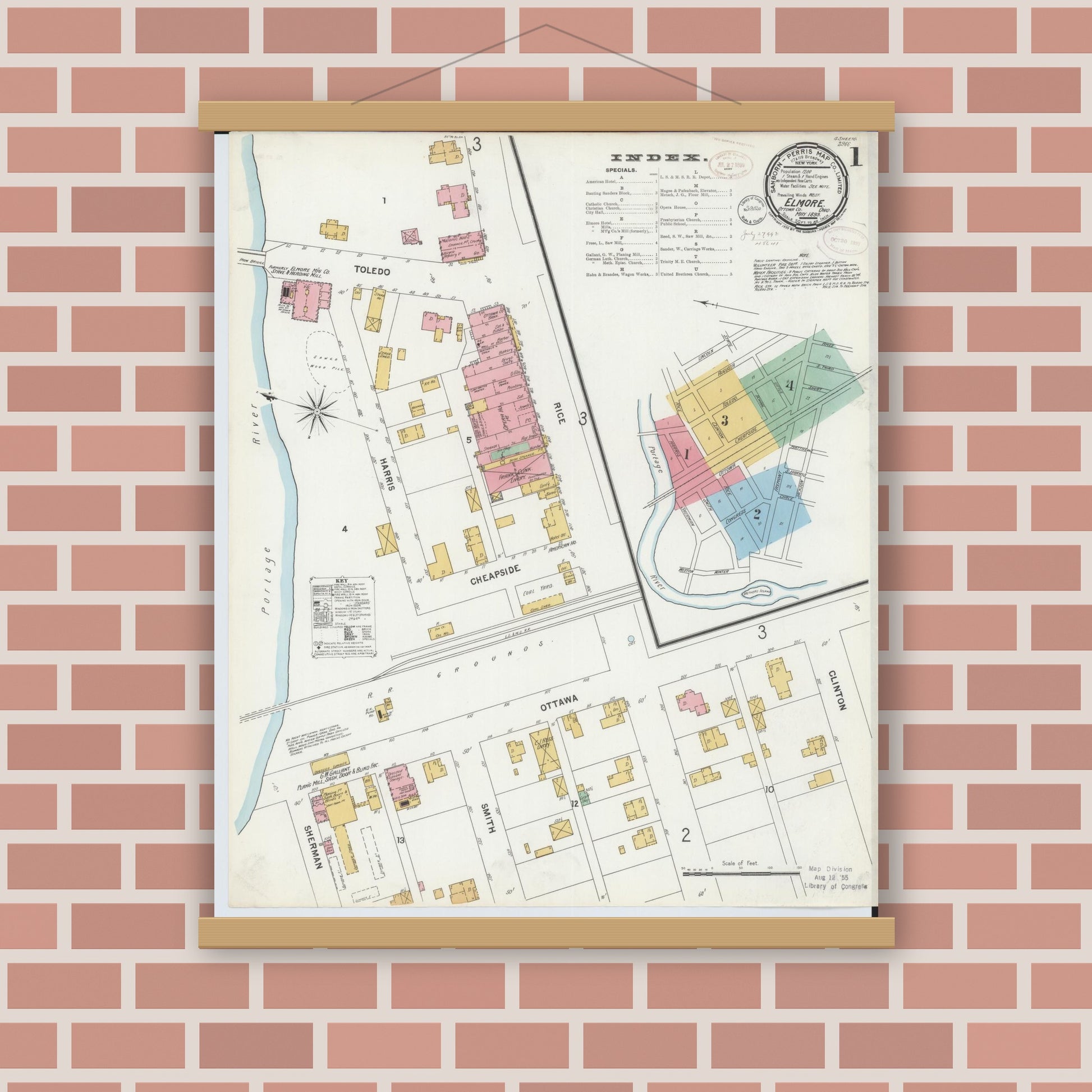 Old map wall art mockup — magnetic wood frame on brick wall — Sanborn Fire Insurance Map from Elmore, Ottawa County, Ohio (1899), Sheet #0001