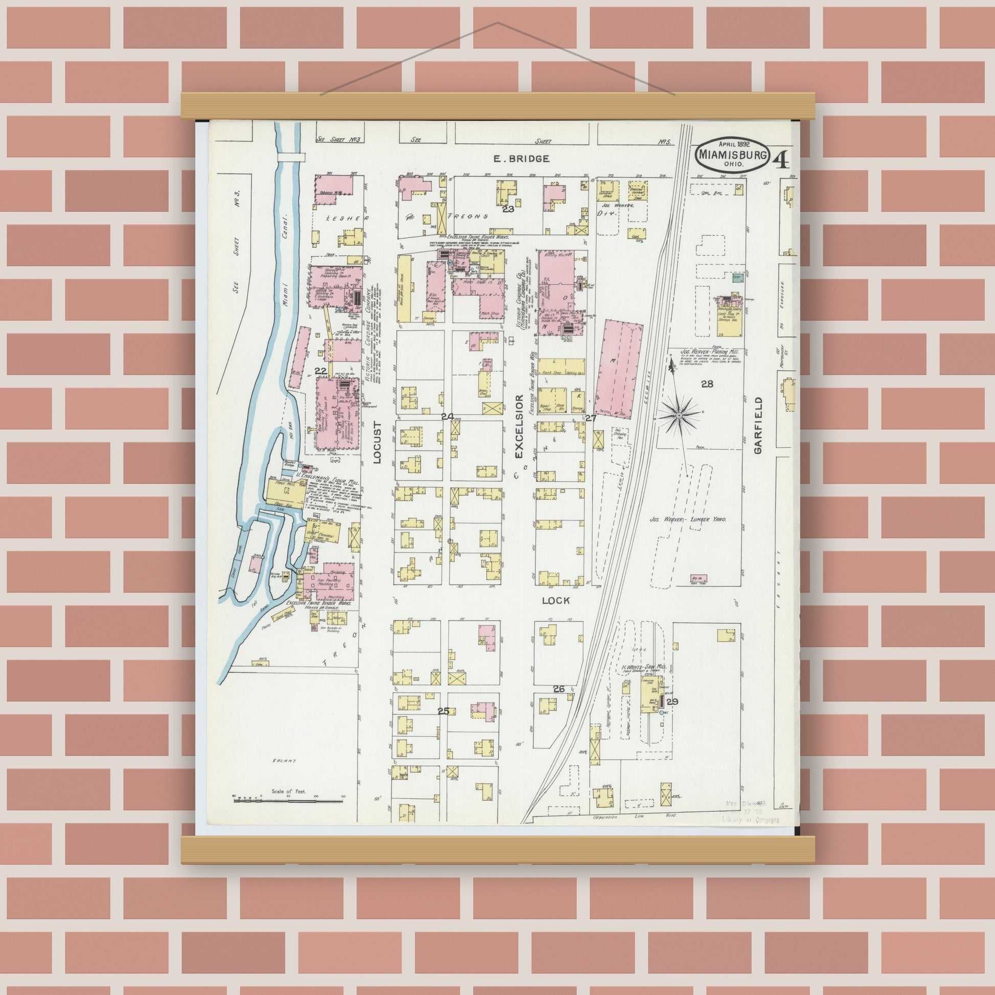 Old map wall art mockup — magnetic wood frame on brick wall — Sanborn Fire Insurance Map from Miamisburg, Montgomery County, Ohio (1892), Sheet #0004