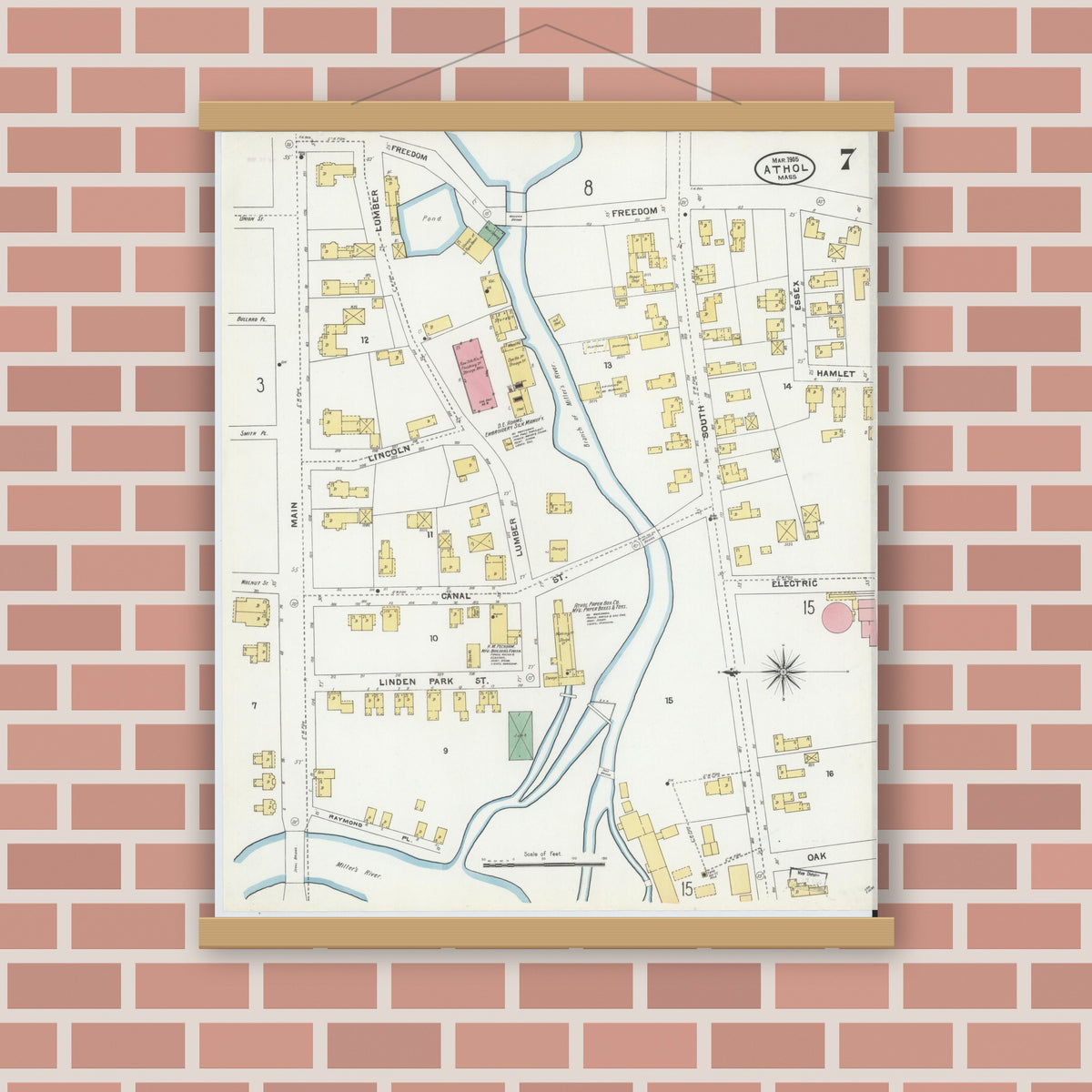 Old map wall art mockup — magnetic wood frame on brick wall — Sanborn Fire Insurance Map from Athol, Worcester County, Massachusetts (1905), Sheet #0007