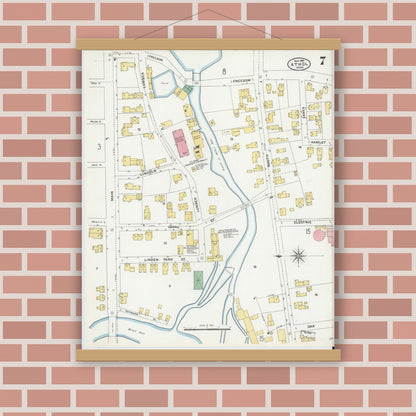 Old map wall art mockup — magnetic wood frame on brick wall — Sanborn Fire Insurance Map from Athol, Worcester County, Massachusetts (1905), Sheet #0007