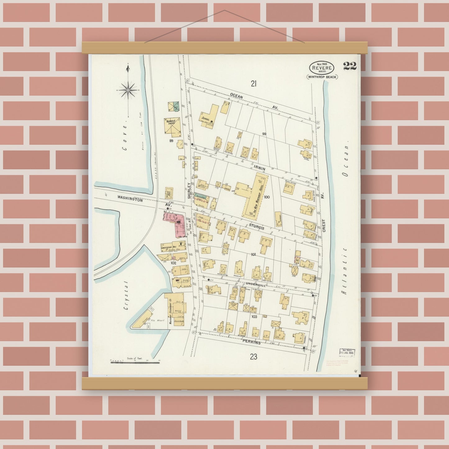 Old map wall art mockup — magnetic wood frame on brick wall — Sanborn Fire Insurance Map from Revere, Suffolk County, Massachusetts (1900), Sheet #0022