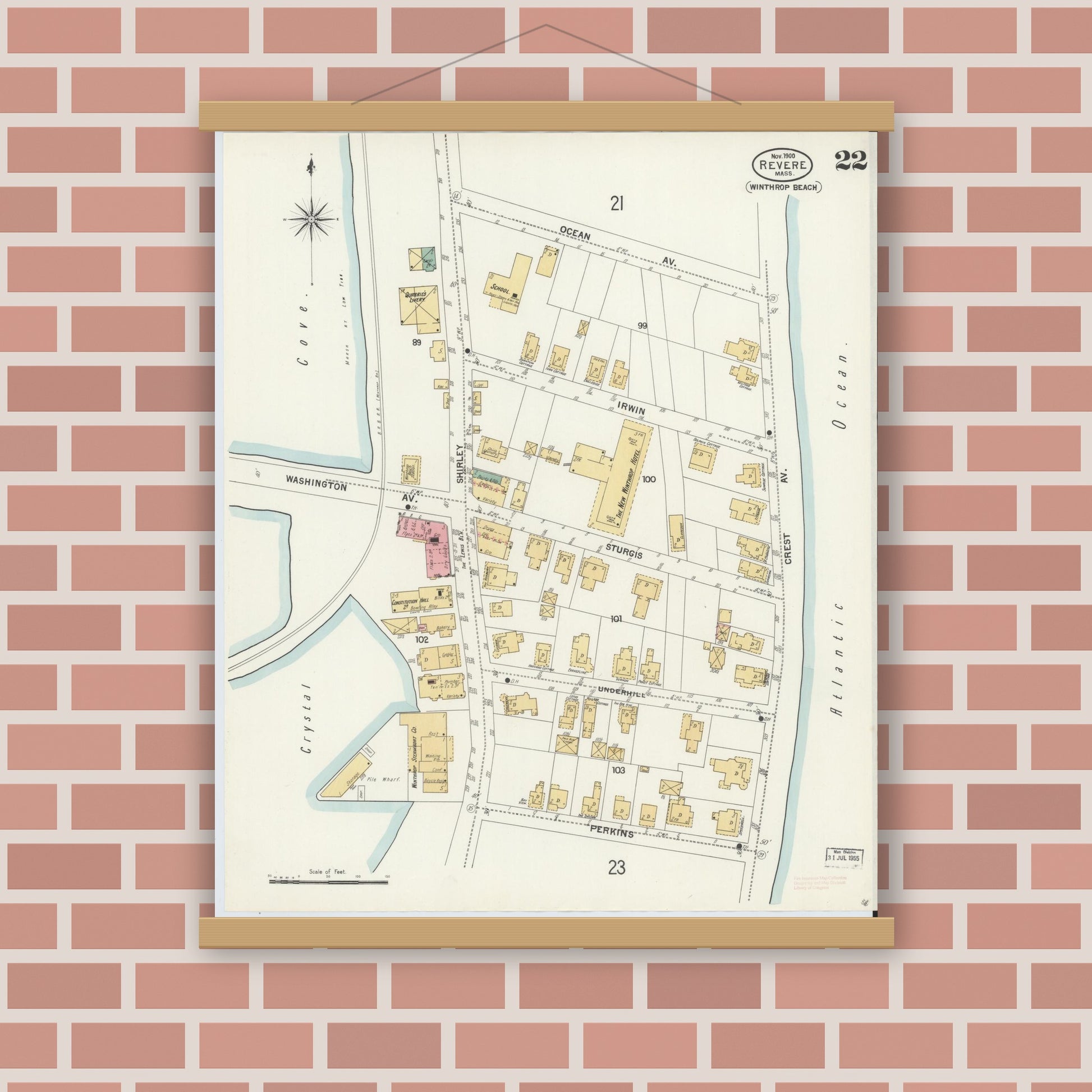 Old map wall art mockup — magnetic wood frame on brick wall — Sanborn Fire Insurance Map from Revere, Suffolk County, Massachusetts (1900), Sheet #0022