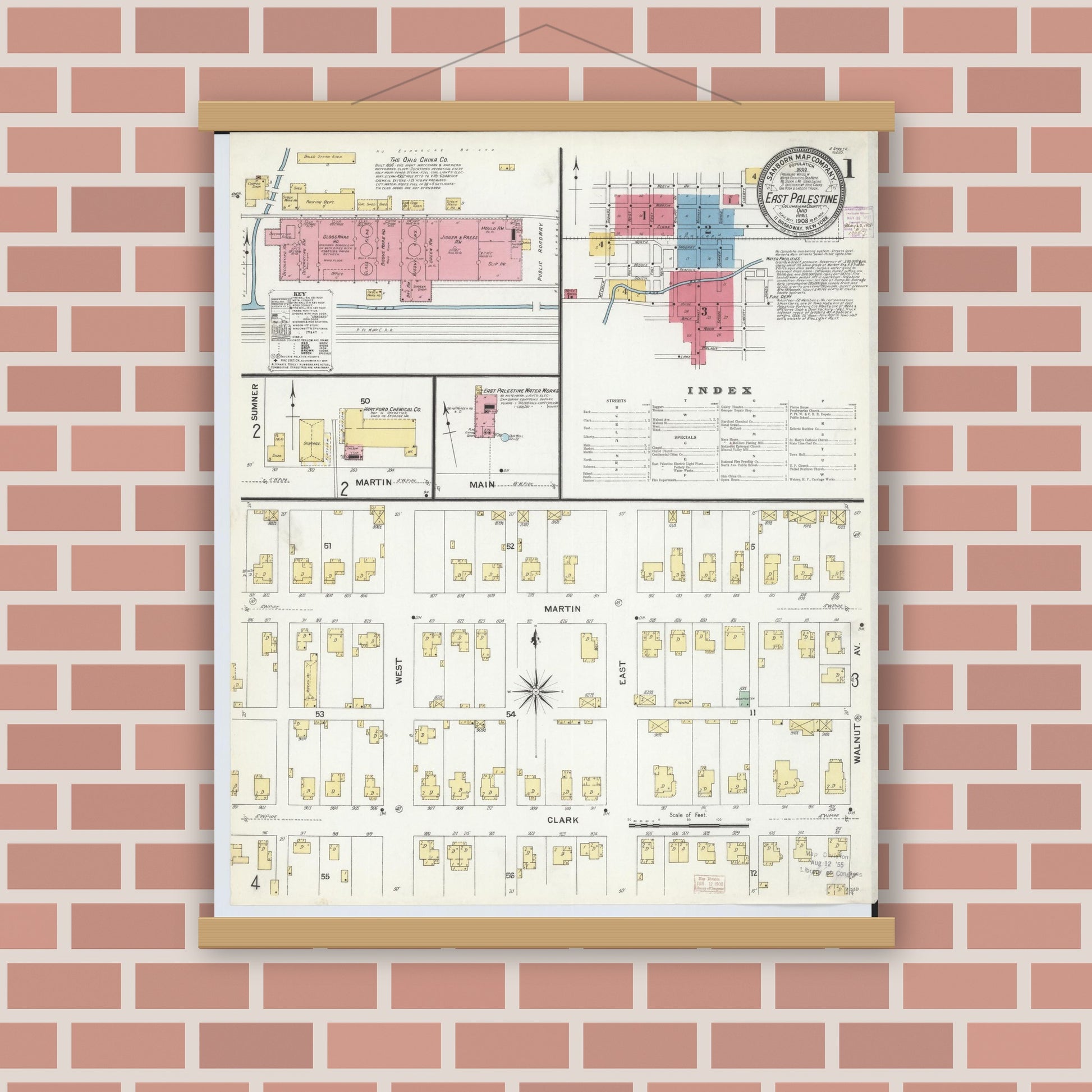 Old map wall art mockup — magnetic wood frame on brick wall — Sanborn Fire Insurance Map from East Palestine, Columbiana County, Ohio (1908), Sheet #0001
