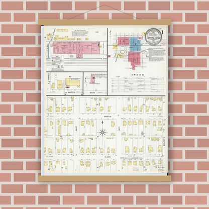 Old map wall art mockup — magnetic wood frame on brick wall — Sanborn Fire Insurance Map from East Palestine, Columbiana County, Ohio (1908), Sheet #0001