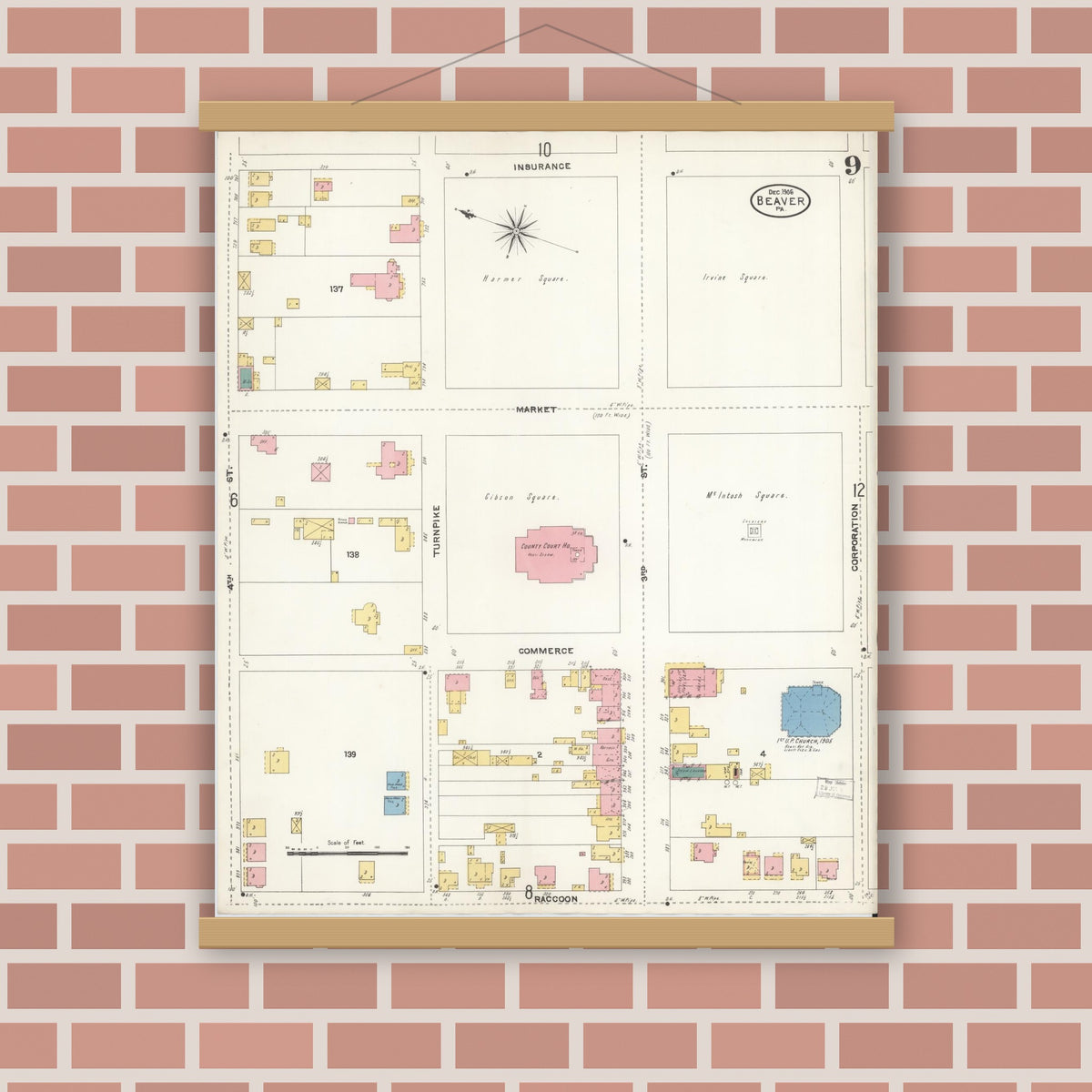 Old map wall art mockup — magnetic wood frame on brick wall — Sanborn Fire Insurance Map from Beaver, Beaver County, Pennsylvania (1906), Sheet #0009