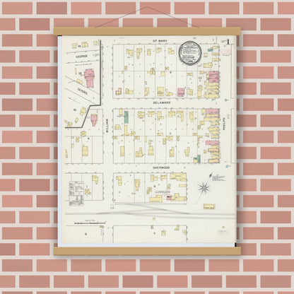 Old map wall art mockup — magnetic wood frame on brick wall — Sanborn Fire Insurance Map from Decatur, Van Buren County, Michigan (1892), Sheet #0001