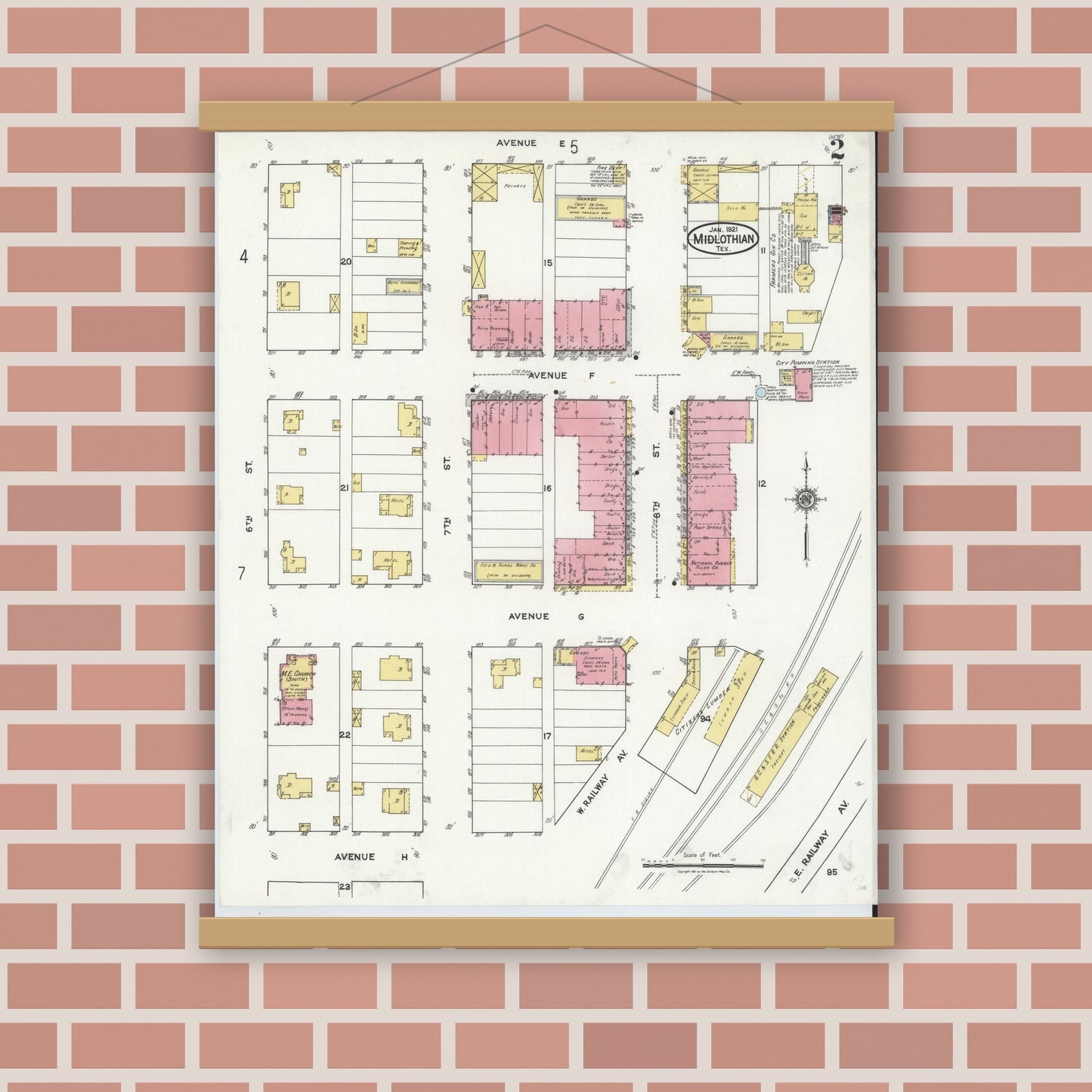 Old map wall art mockup — magnetic wood frame on brick wall — Sanborn Fire Insurance Map from Midlothian, Ellis County, Texas (1921), Sheet #0002