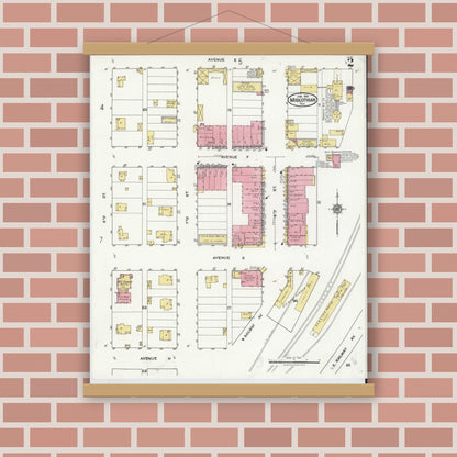 Old map wall art mockup — magnetic wood frame on brick wall — Sanborn Fire Insurance Map from Midlothian, Ellis County, Texas (1921), Sheet #0002