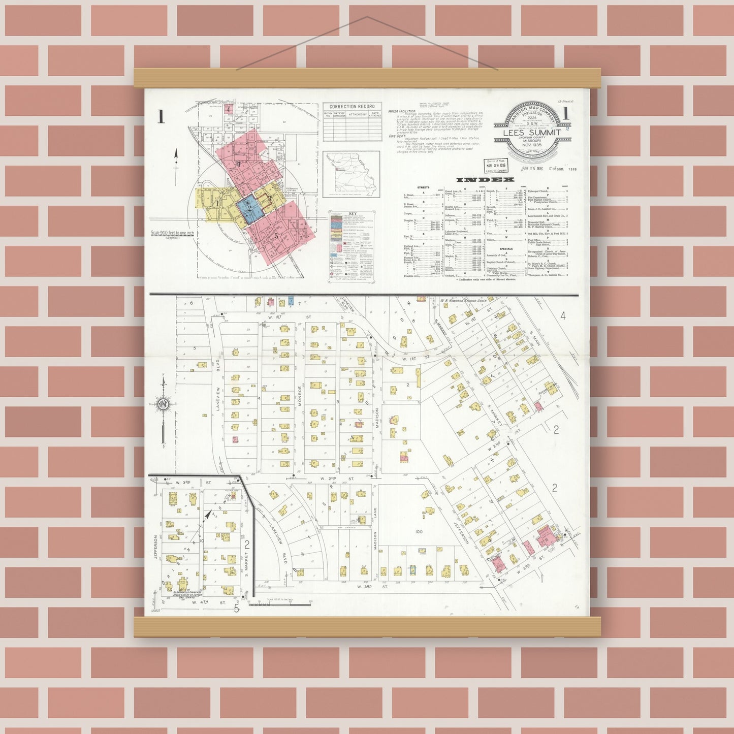 Old map wall art mockup — magnetic wood frame on brick wall — Sanborn Fire Insurance Map from Lee's Summit, Jackson County, Missouri (1935) - Complete Map Set