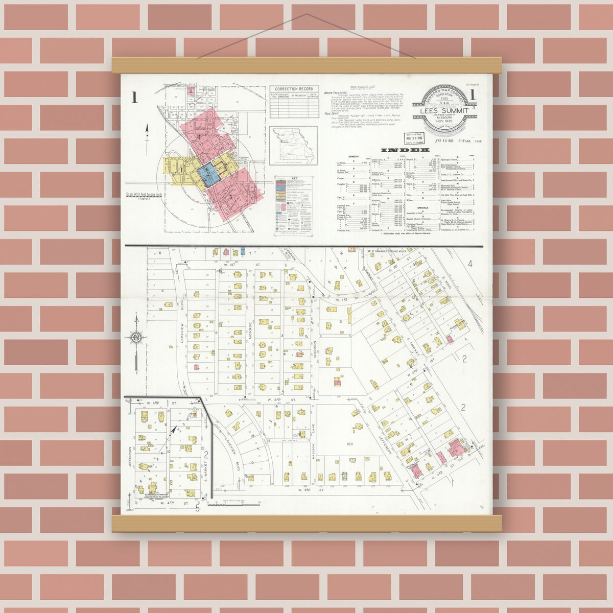 Old map wall art mockup — magnetic wood frame on brick wall — Sanborn Fire Insurance Map from Lee's Summit, Jackson County, Missouri (1935) - Complete Map Set