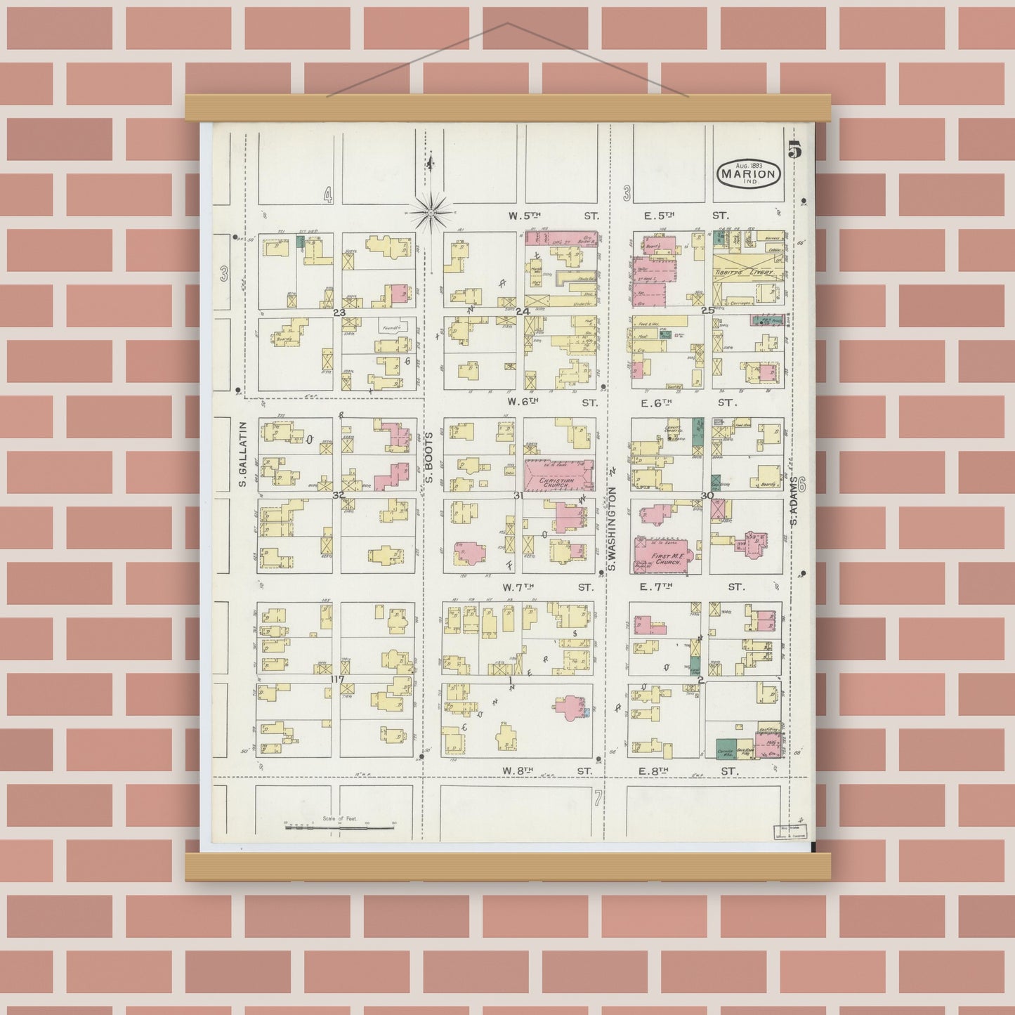 Old map wall art mockup — magnetic wood frame on brick wall — Sanborn Fire Insurance Map from Marion, Grant County, Indiana (1893), Sheet #0005