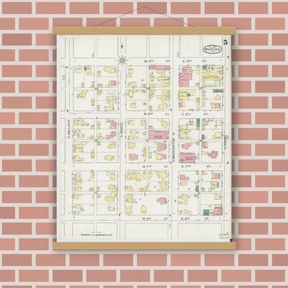 Old map wall art mockup — magnetic wood frame on brick wall — Sanborn Fire Insurance Map from Marion, Grant County, Indiana (1893), Sheet #0005