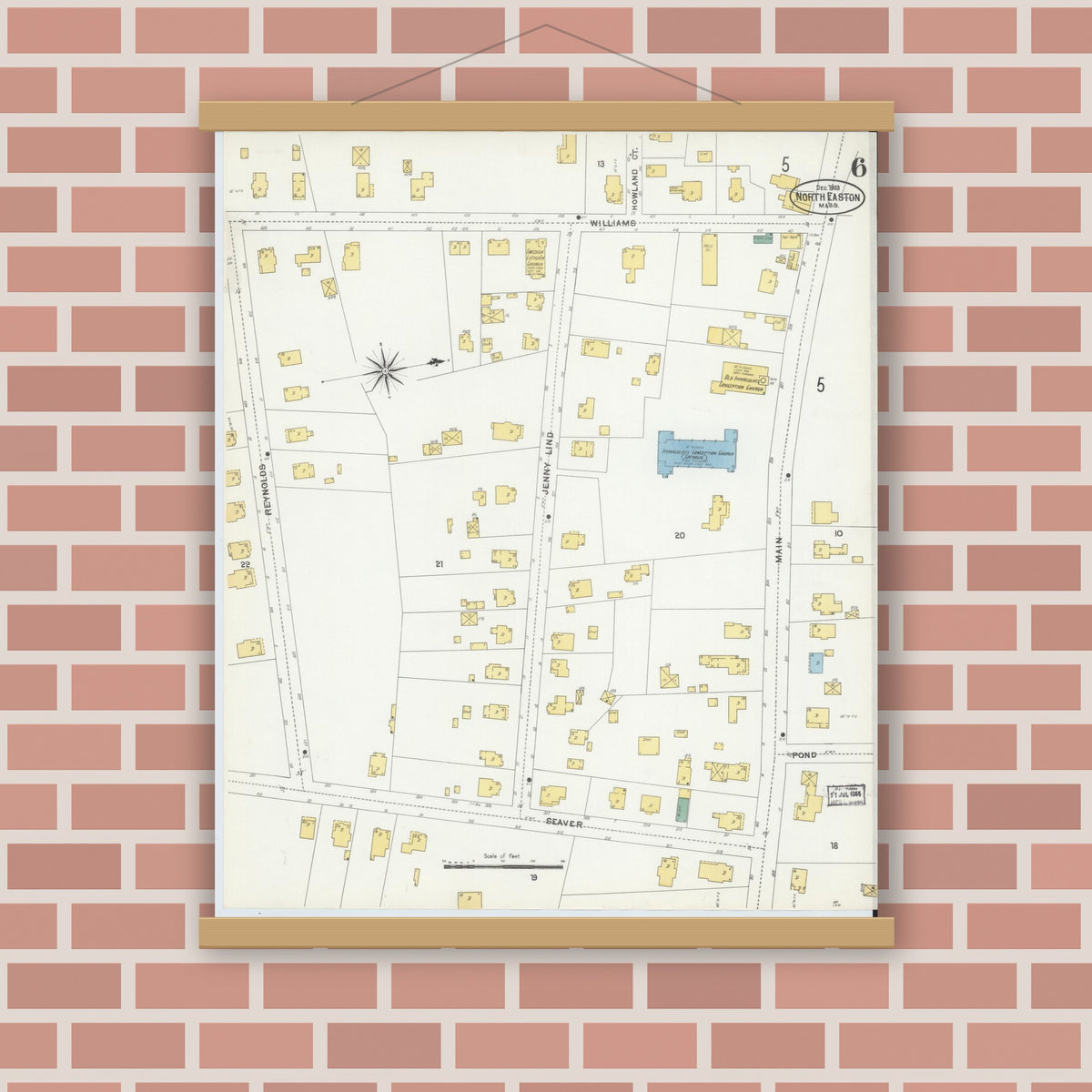 Old map wall art mockup — magnetic wood frame on brick wall — Sanborn Fire Insurance Map from North Easton, Bristol County, Massachusetts (1903), Sheet #0006