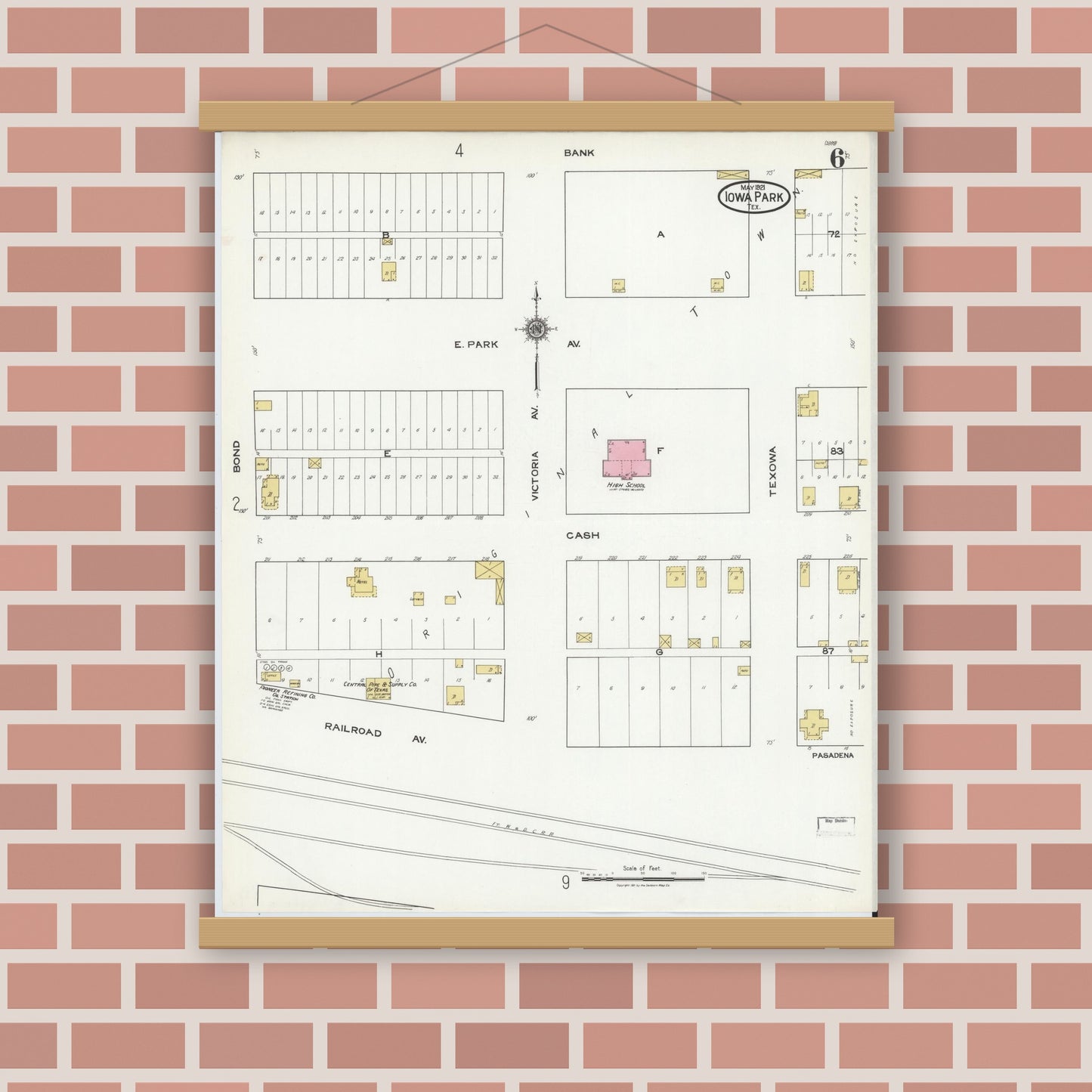 Old map wall art mockup — magnetic wood frame on brick wall — Sanborn Fire Insurance Map from Iowa Park, Wichita County, Texas (1921), Sheet #0006