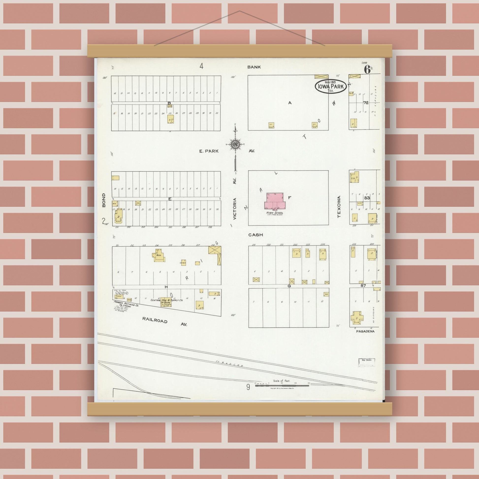 Old map wall art mockup — magnetic wood frame on brick wall — Sanborn Fire Insurance Map from Iowa Park, Wichita County, Texas (1921), Sheet #0006