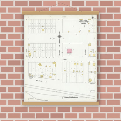 Old map wall art mockup — magnetic wood frame on brick wall — Sanborn Fire Insurance Map from Iowa Park, Wichita County, Texas (1921), Sheet #0006