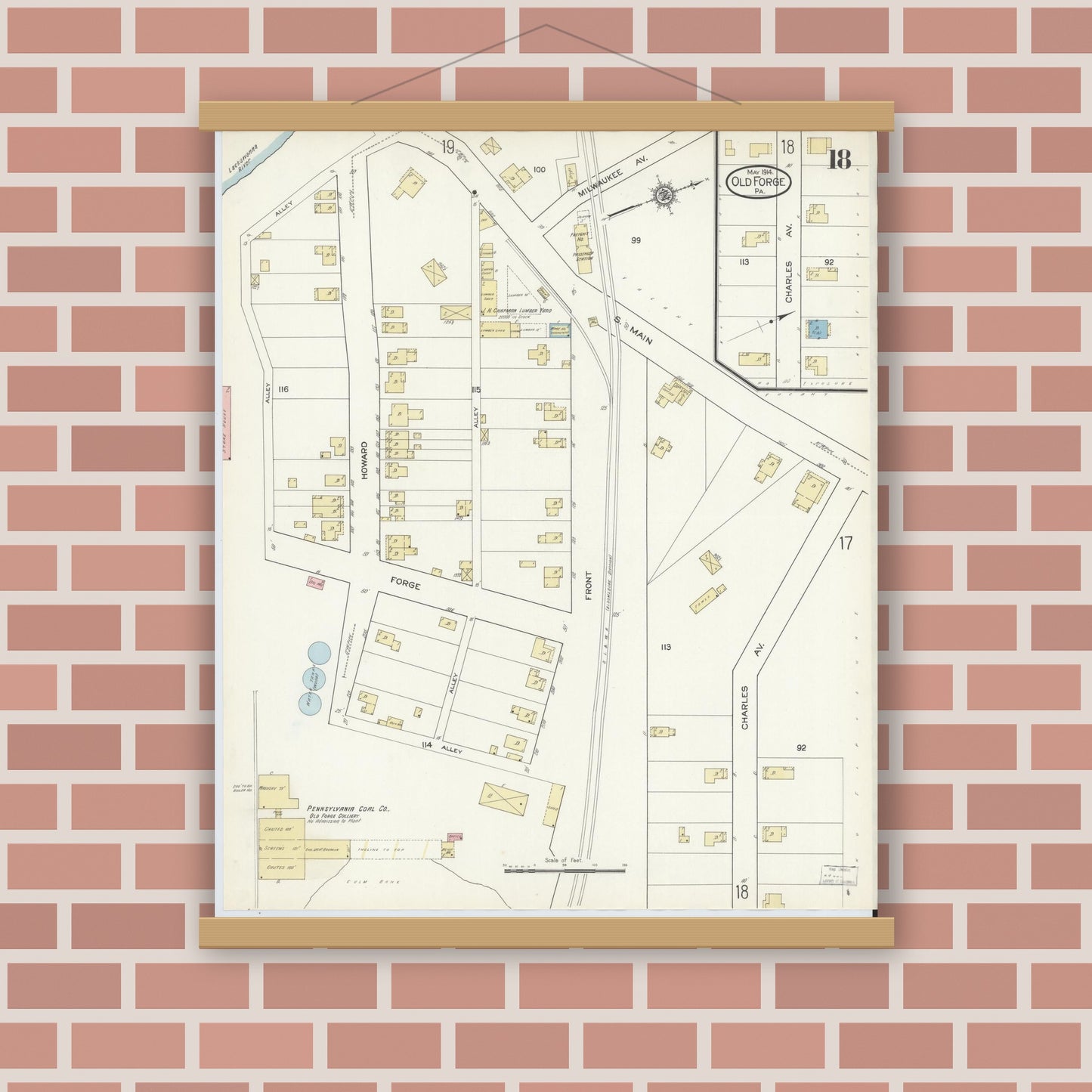 Old map wall art mockup — magnetic wood frame on brick wall — Sanborn Fire Insurance Map from Old Forge, Lackawanna County, Pennsylvania (1914), Sheet #0018