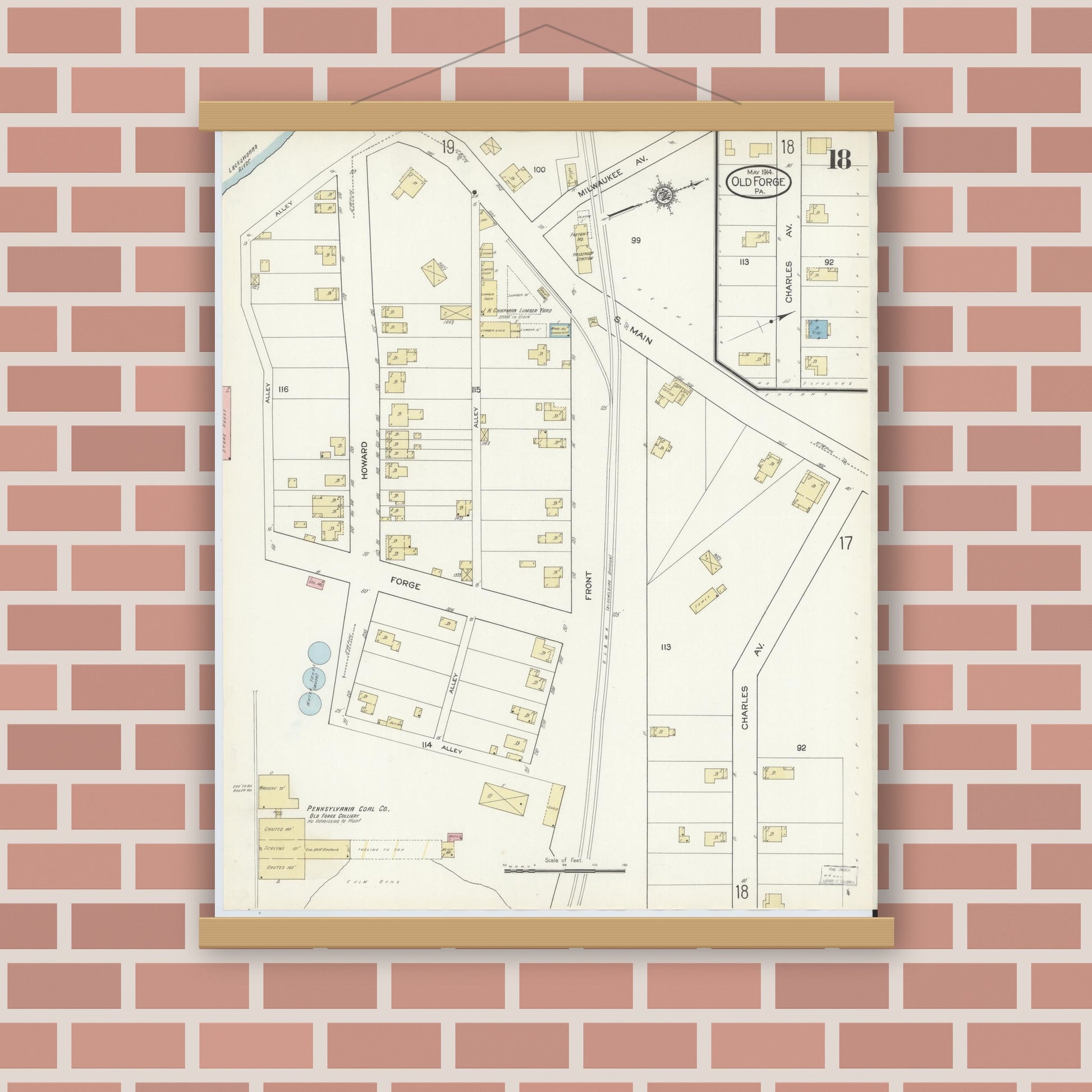 Old map wall art mockup — magnetic wood frame on brick wall — Sanborn Fire Insurance Map from Old Forge, Lackawanna County, Pennsylvania (1914), Sheet #0018