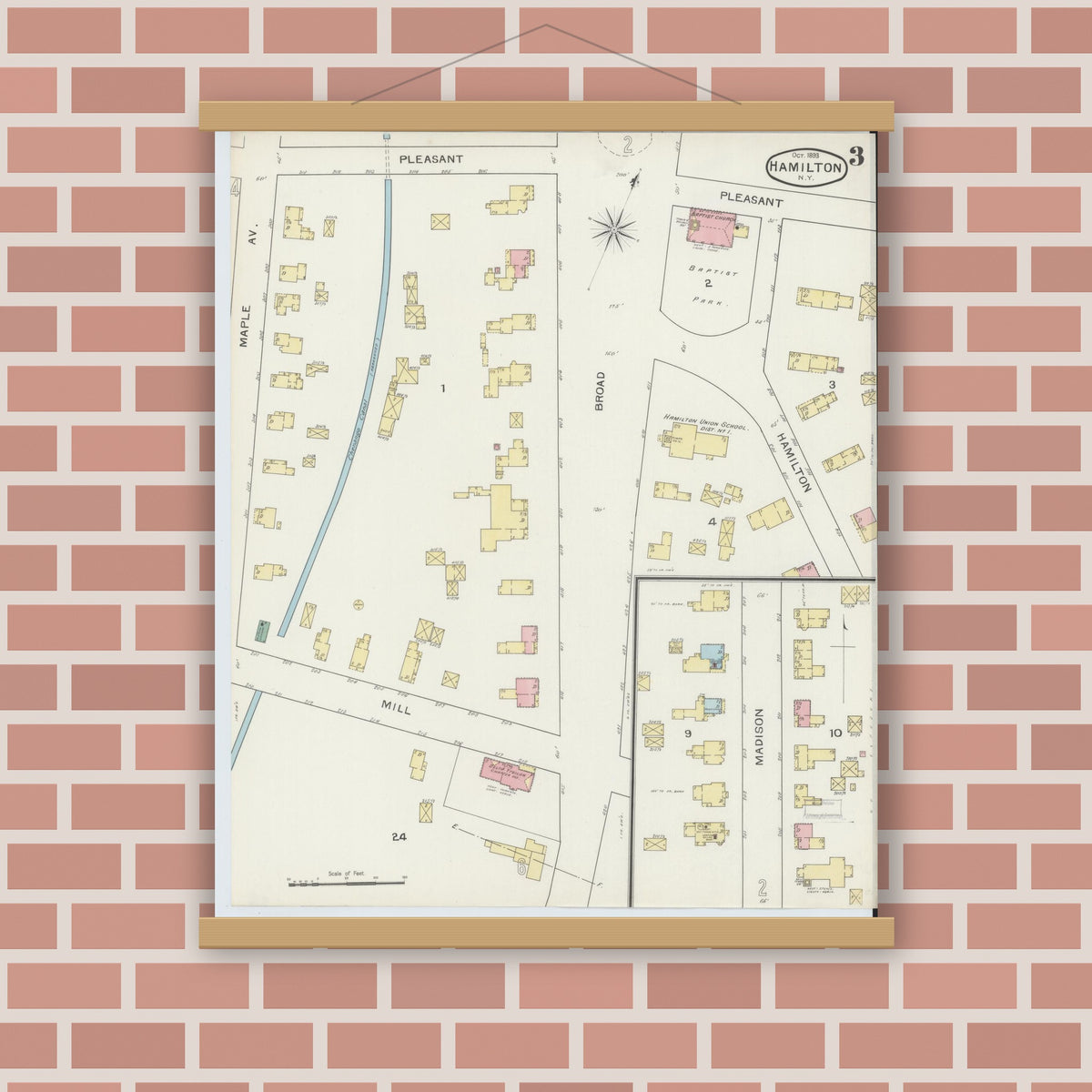 Old map wall art mockup — magnetic wood frame on brick wall — Sanborn Fire Insurance Map from Hamilton, Madison County, New York (1893), Sheet #0003