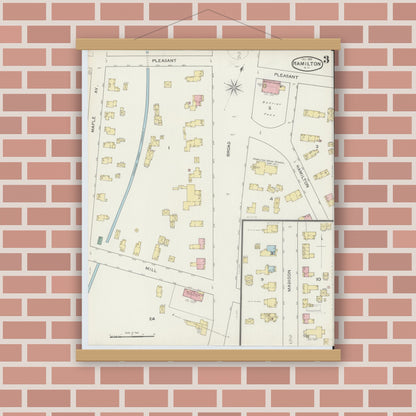 Old map wall art mockup — magnetic wood frame on brick wall — Sanborn Fire Insurance Map from Hamilton, Madison County, New York (1893), Sheet #0003