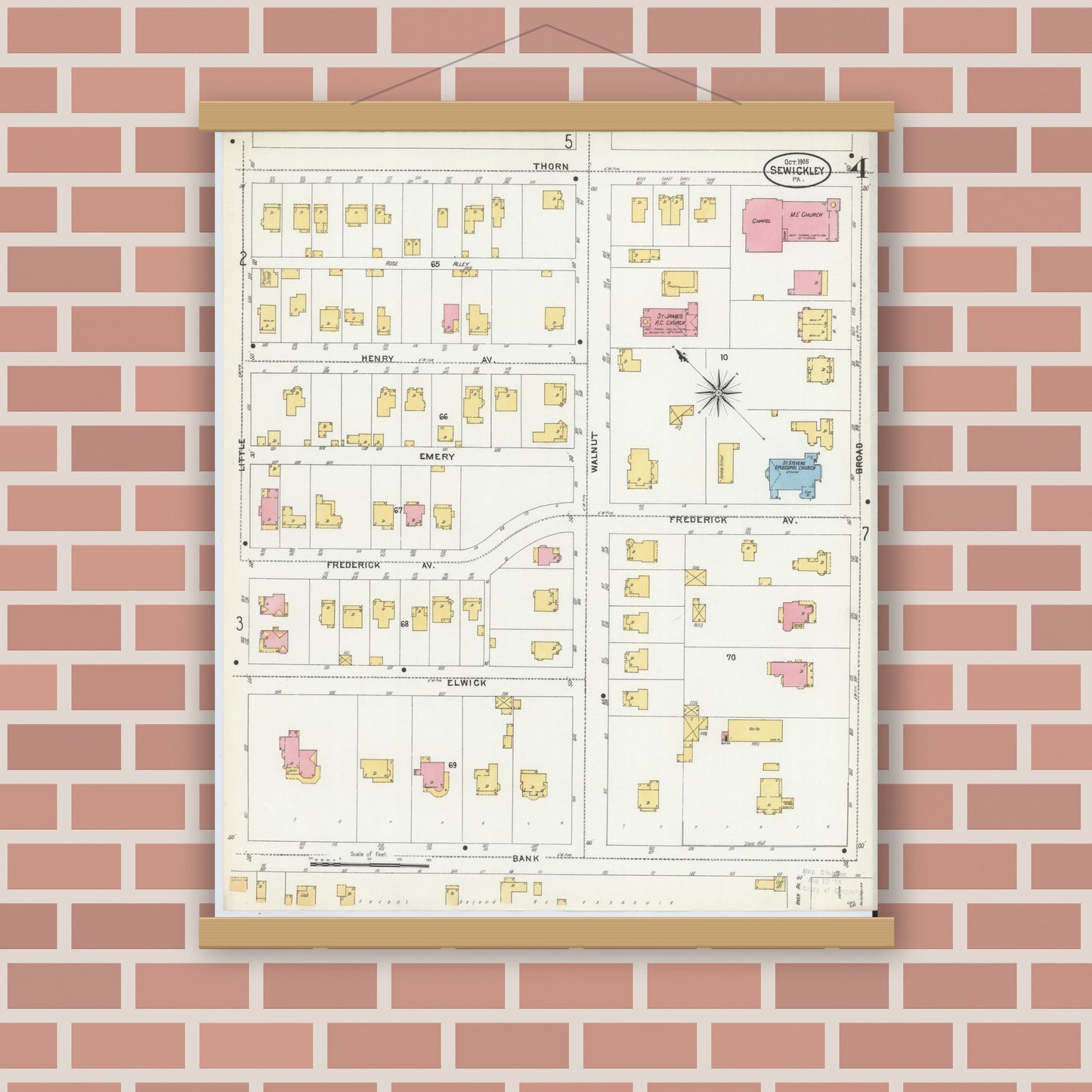 Old map wall art mockup — magnetic wood frame on brick wall — Sanborn Fire Insurance Map from Sewickley, Allegheny County, Pennsylvania (1905), Sheet #0004
