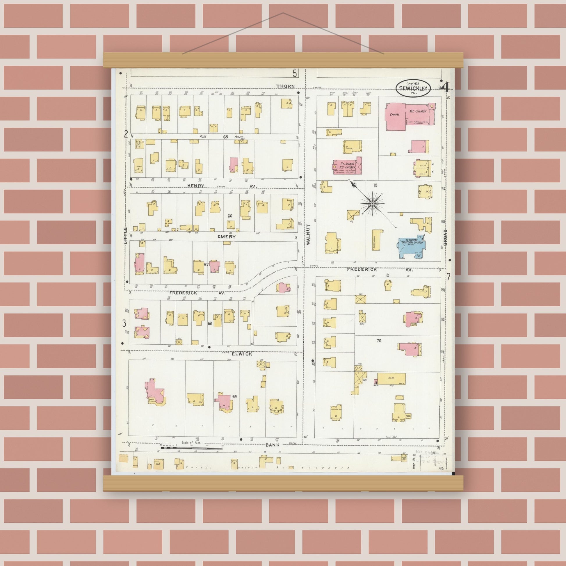 Old map wall art mockup — magnetic wood frame on brick wall — Sanborn Fire Insurance Map from Sewickley, Allegheny County, Pennsylvania (1905), Sheet #0004
