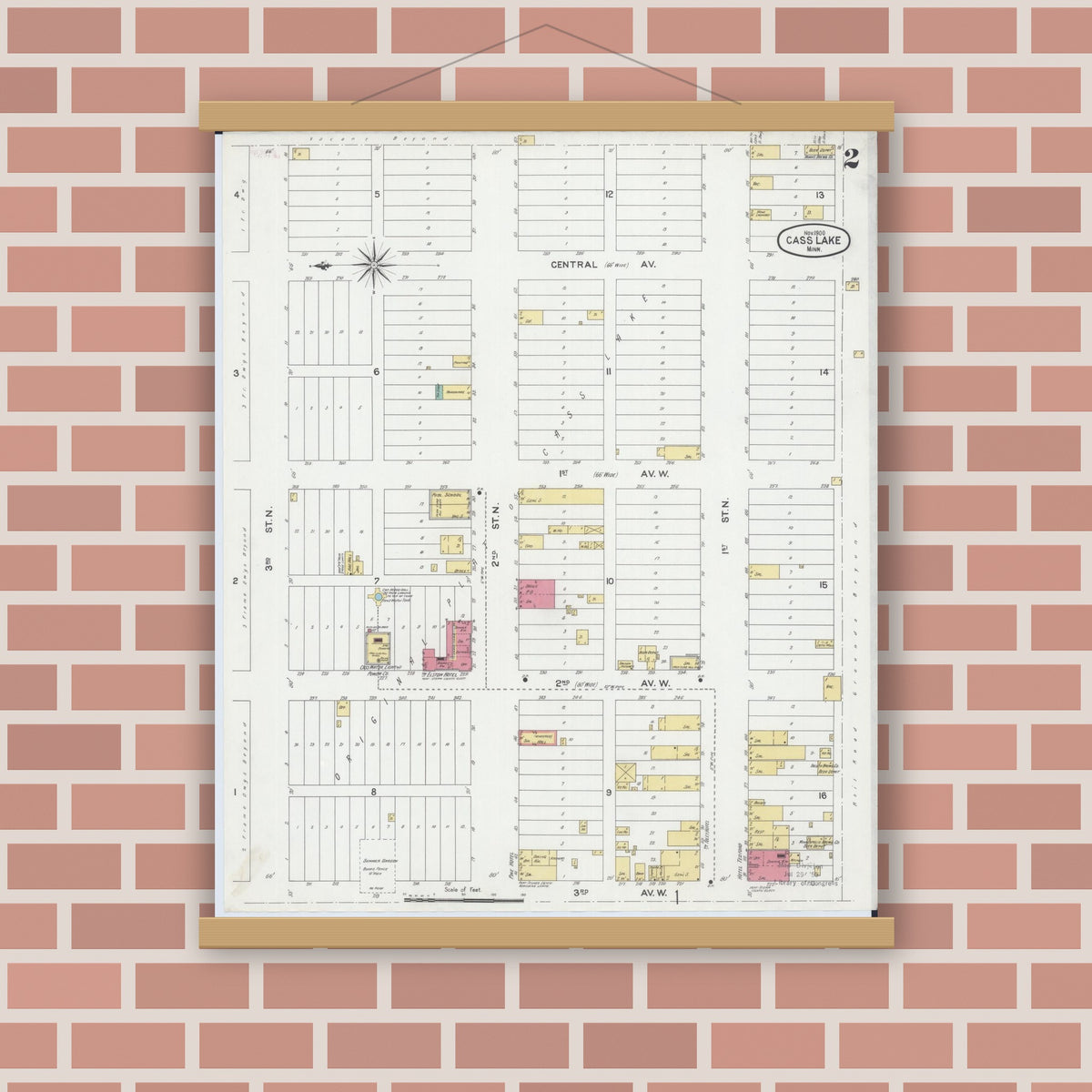 Old map wall art mockup — magnetic wood frame on brick wall — Sanborn Fire Insurance Map from Cass Lake, Cass County, Minnesota (1900), Sheet #0002