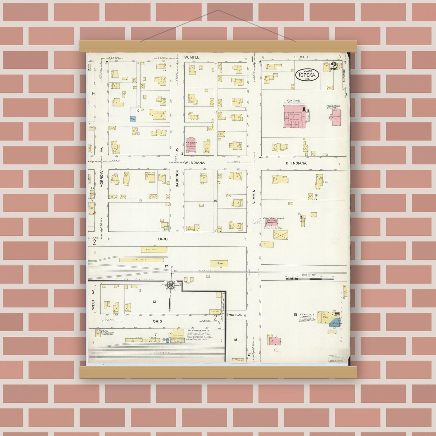 Old map wall art mockup — magnetic wood frame on brick wall — Sanborn Fire Insurance Map from Topeka, LaGrange County, Indiana (1916), Sheet #0002