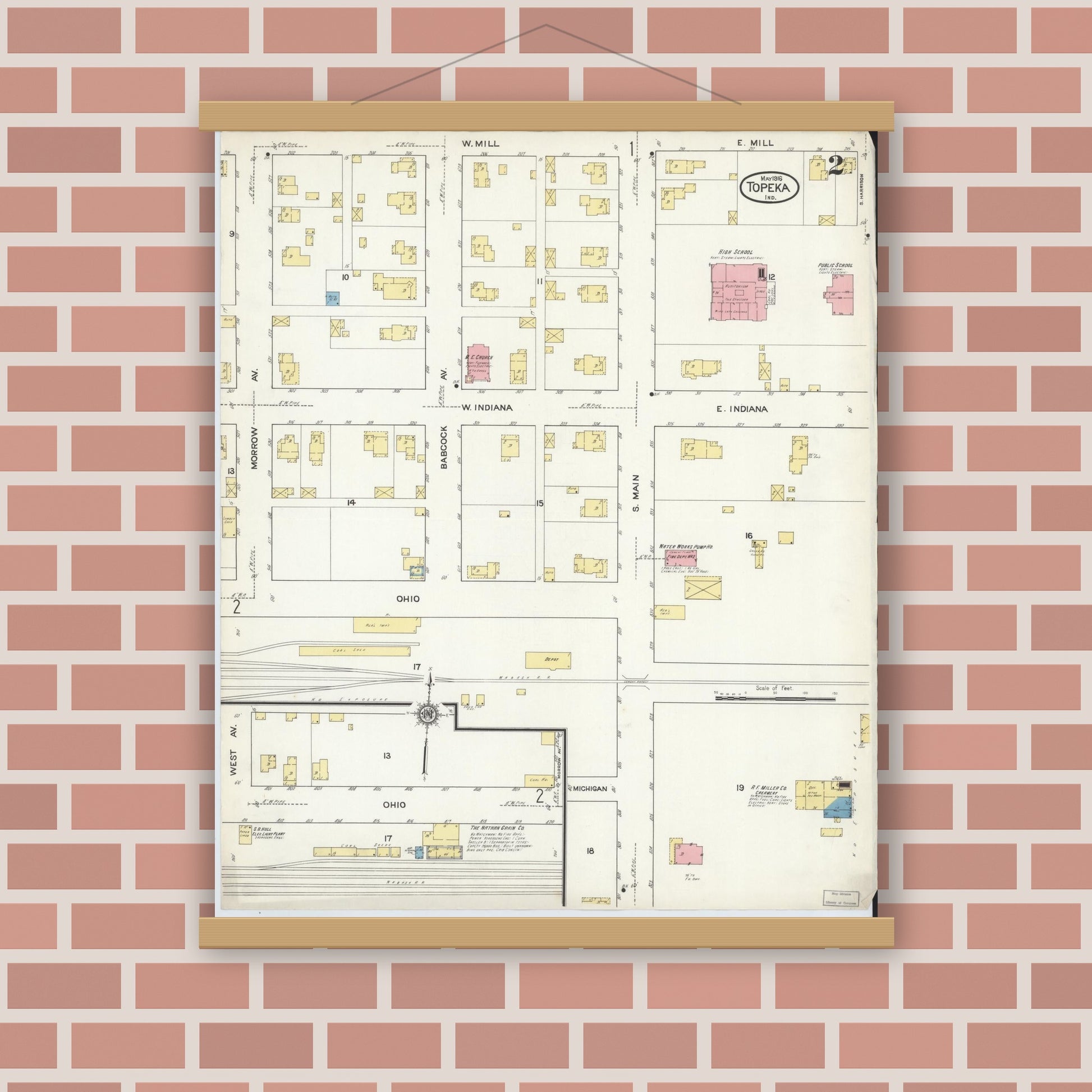 Old map wall art mockup — magnetic wood frame on brick wall — Sanborn Fire Insurance Map from Topeka, LaGrange County, Indiana (1916), Sheet #0002