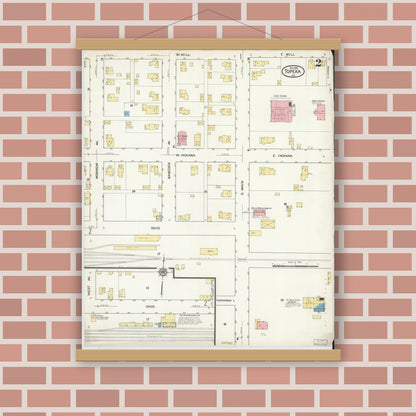 Old map wall art mockup — magnetic wood frame on brick wall — Sanborn Fire Insurance Map from Topeka, LaGrange County, Indiana (1916), Sheet #0002