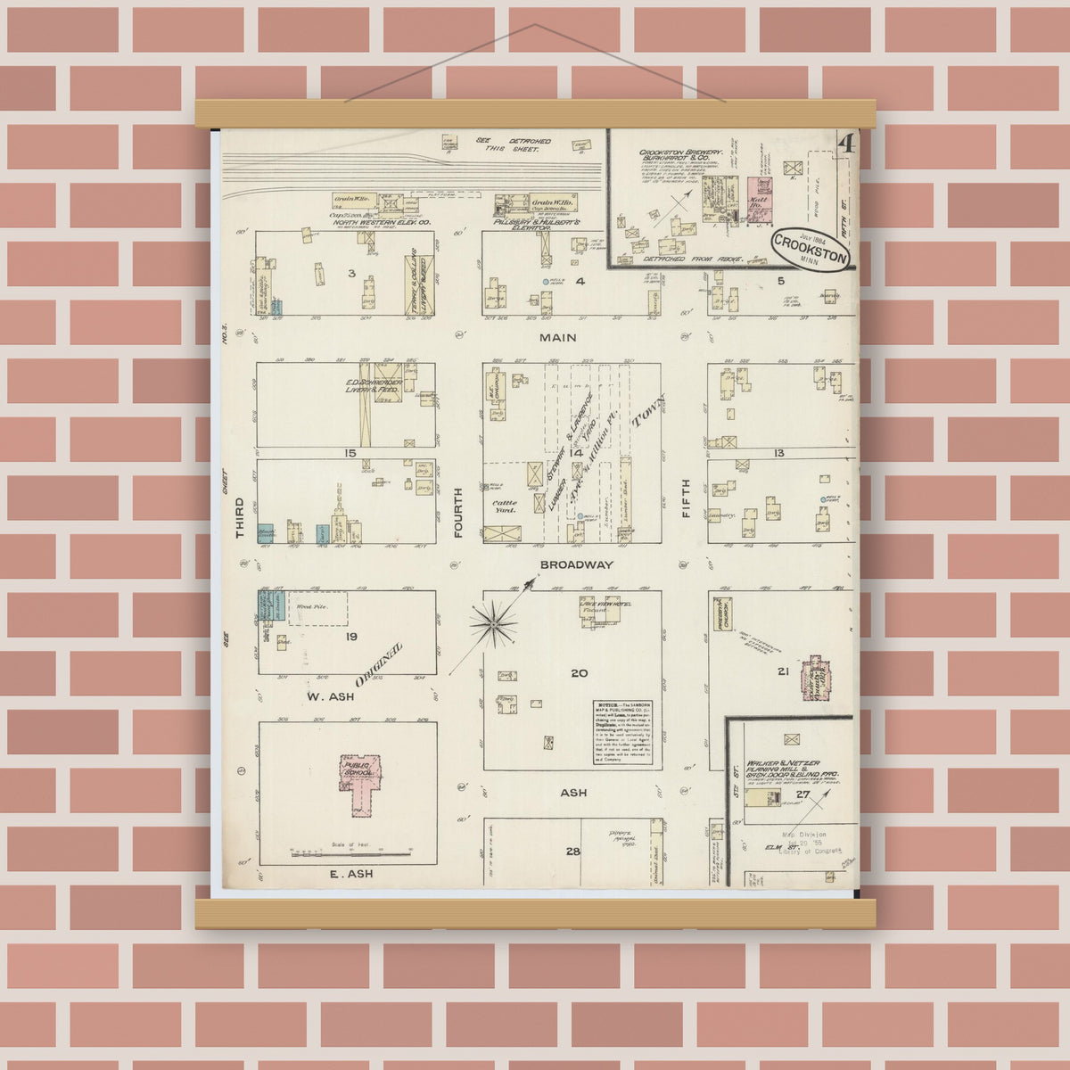 Old map wall art mockup — magnetic wood frame on brick wall — Sanborn Fire Insurance Map from Crookston, Polk County, Minnesota (1884), Sheet #0004