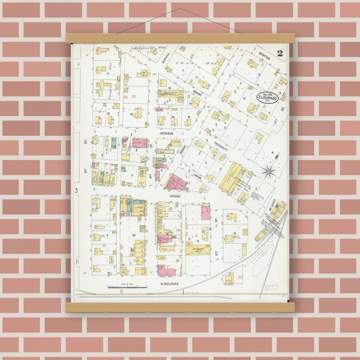 Old map wall art mockup — magnetic wood frame on brick wall — Sanborn Fire Insurance Map from Eldorado, Saline County, Illinois (1900), Sheet #0002