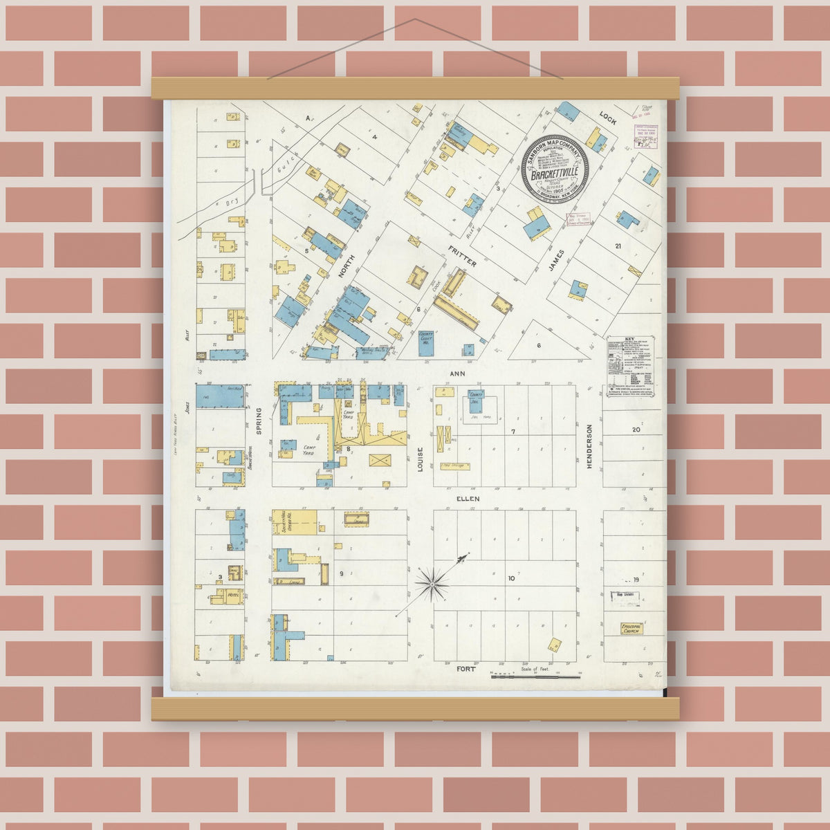Old map wall art mockup — magnetic wood frame on brick wall — Sanborn Fire Insurance Map from Brackettville, Kinney County, Texas (1905), Sheet #0001