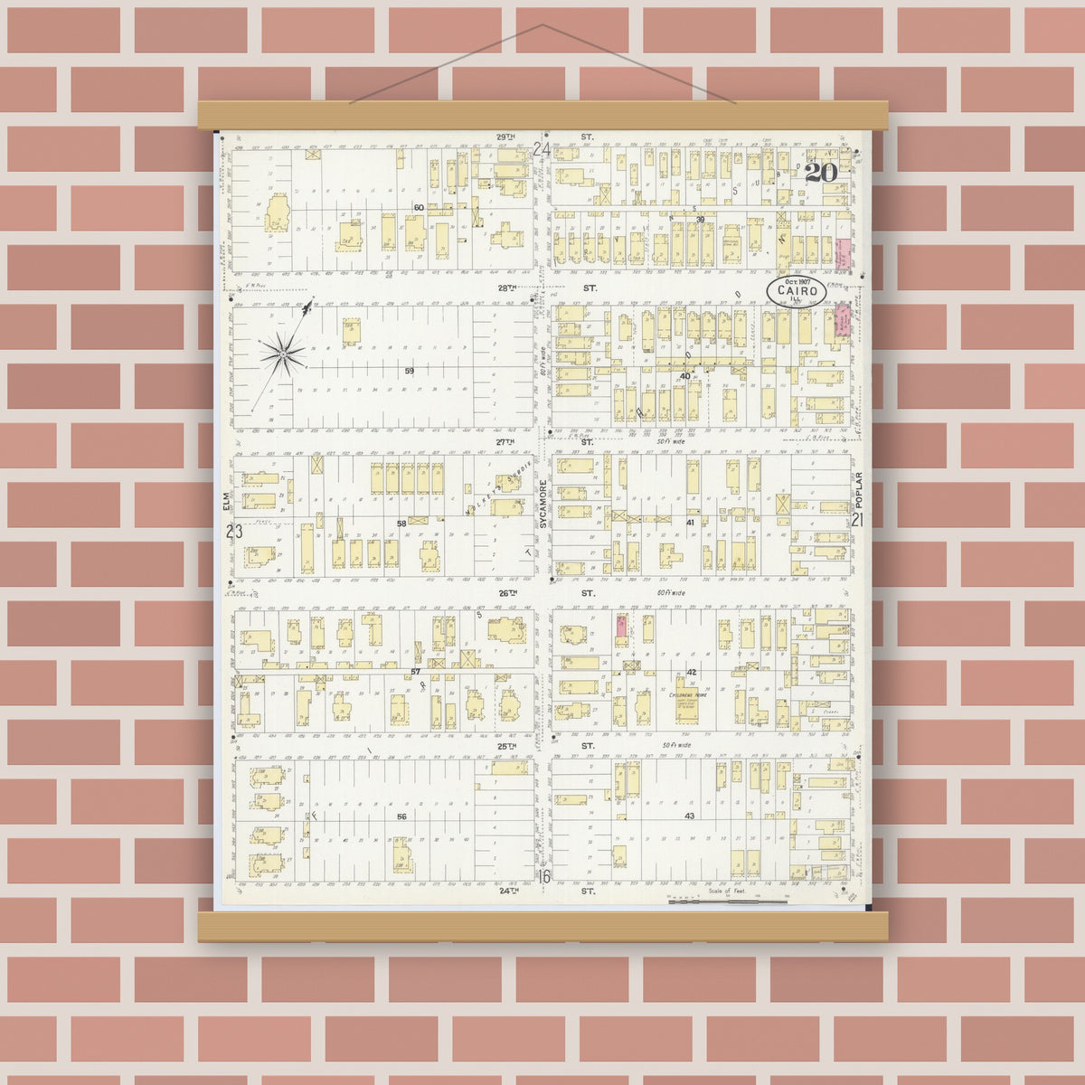 Old map wall art mockup — magnetic wood frame on brick wall — Sanborn Fire Insurance Map from Cairo, Alexander County, Illinois (1907), Sheet #0020
