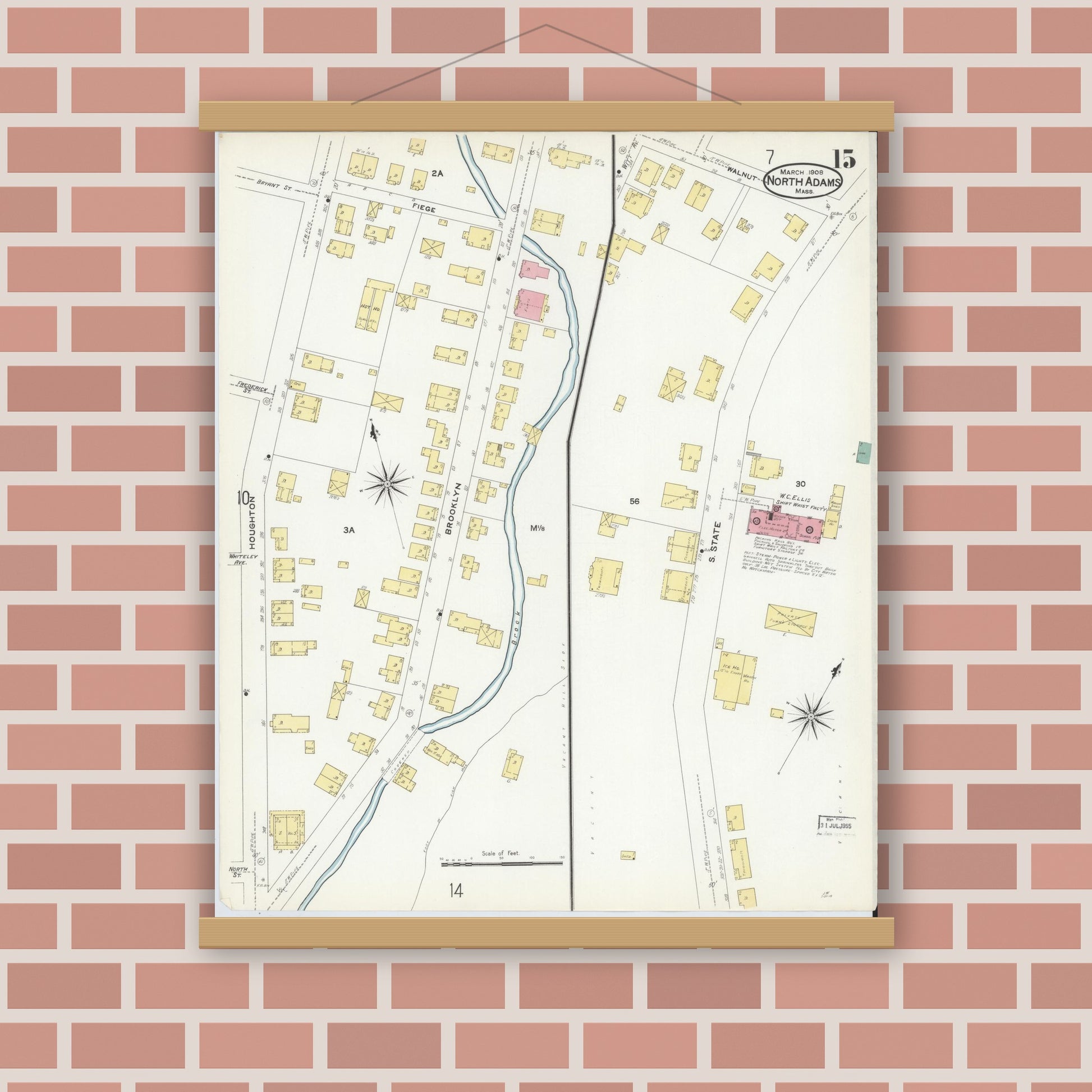 Old map wall art mockup — magnetic wood frame on brick wall — Sanborn Fire Insurance Map from North Adams, Berkshire County, Massachusetts (1908), Sheet #0015