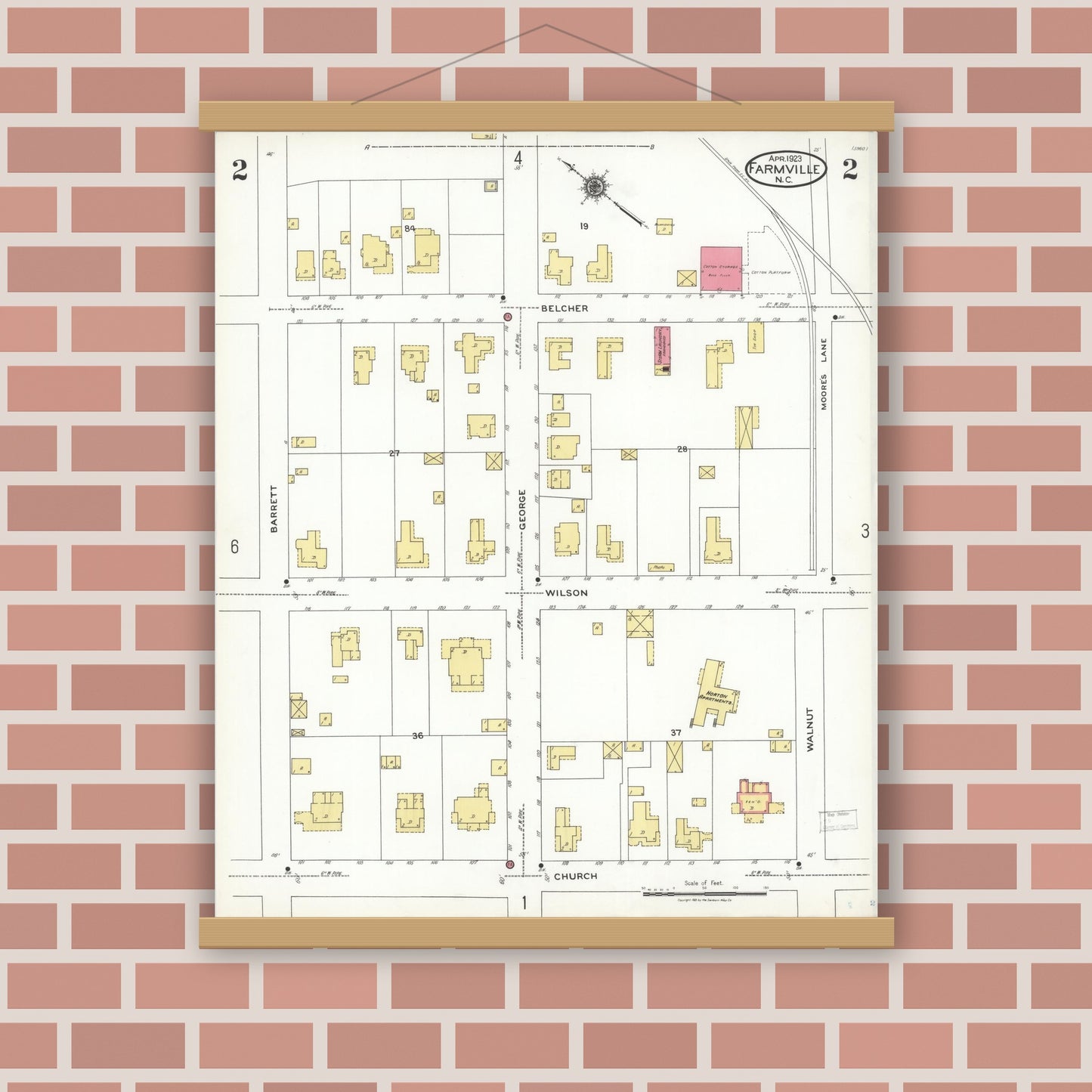 Old map wall art mockup — magnetic wood frame on brick wall — Sanborn Fire Insurance Map from Farmville, Pitt County, North Carolina (1923), Sheet #0002