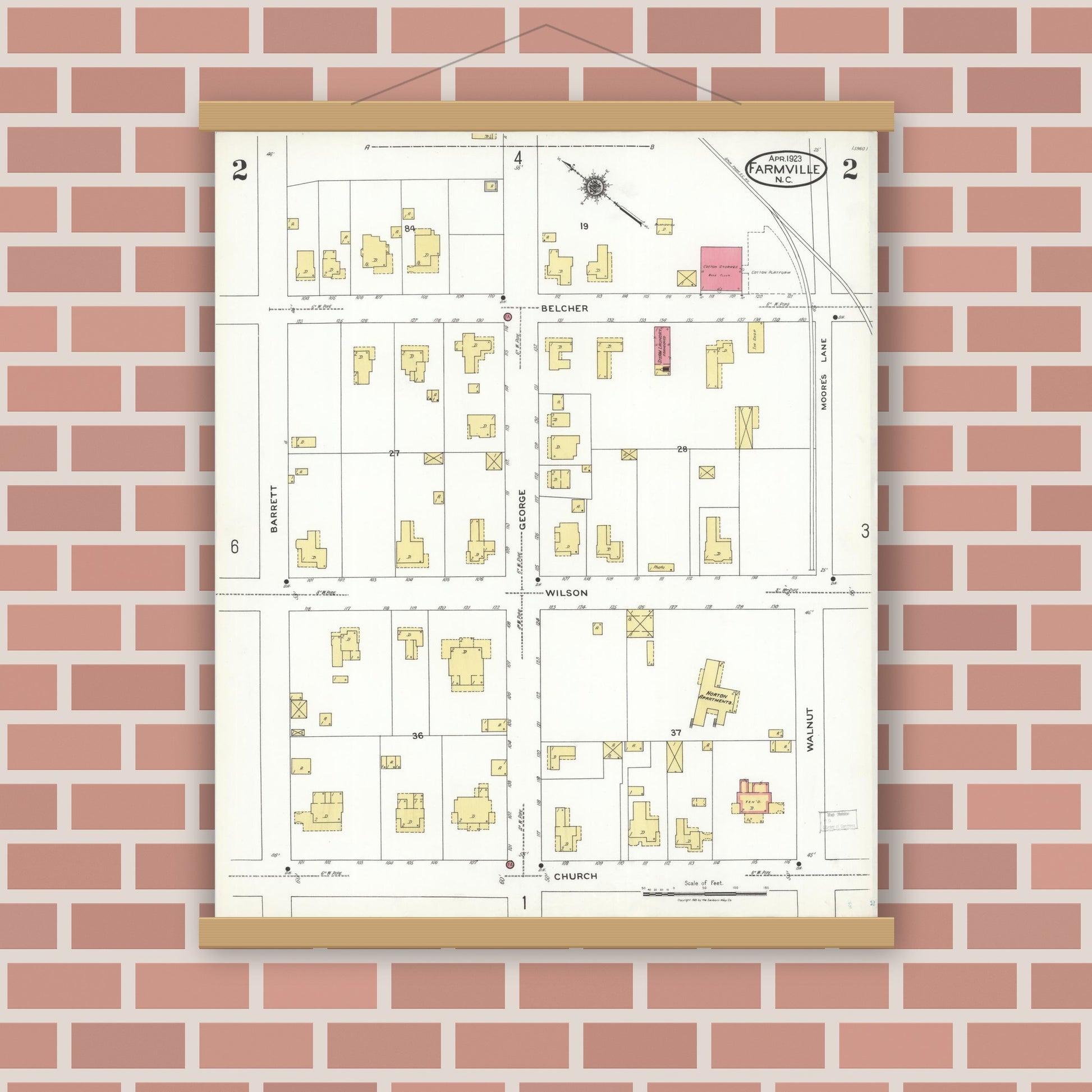 Old map wall art mockup — magnetic wood frame on brick wall — Sanborn Fire Insurance Map from Farmville, Pitt County, North Carolina (1923), Sheet #0002