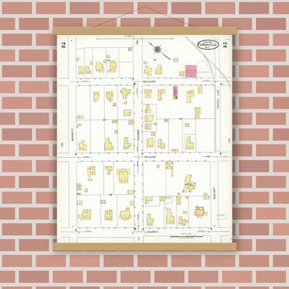 Old map wall art mockup — magnetic wood frame on brick wall — Sanborn Fire Insurance Map from Farmville, Pitt County, North Carolina (1923), Sheet #0002