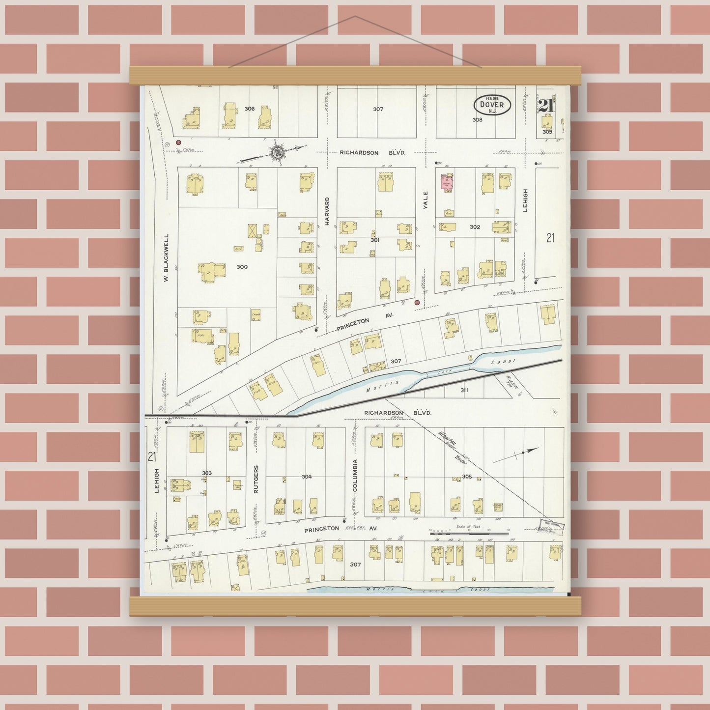 Old map wall art mockup — magnetic wood frame on brick wall — Sanborn Fire Insurance Map from Dover, Morris County, New Jersey (1916), Sheet #0021