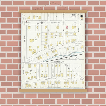 Old map wall art mockup — magnetic wood frame on brick wall — Sanborn Fire Insurance Map from Dover, Morris County, New Jersey (1916), Sheet #0021