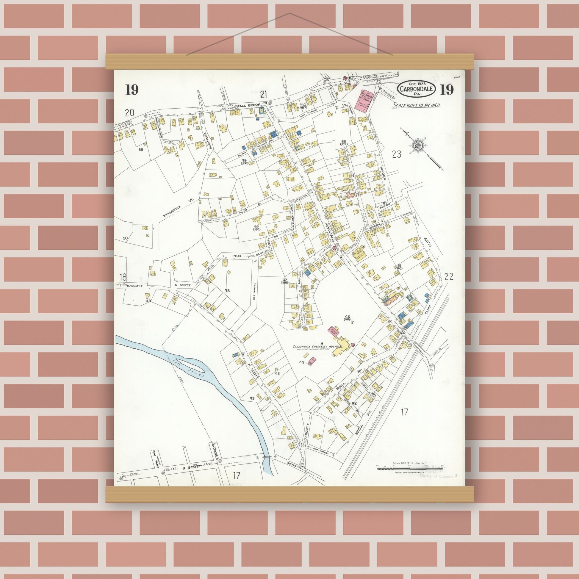 Old map wall art mockup — magnetic wood frame on brick wall — Sanborn Fire Insurance Map from Carbondale, Lackawanna County, Pennsylvania (1923), Sheet #0019