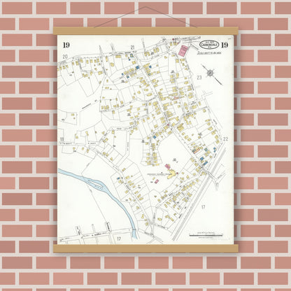 Old map wall art mockup — magnetic wood frame on brick wall — Sanborn Fire Insurance Map from Carbondale, Lackawanna County, Pennsylvania (1923), Sheet #0019