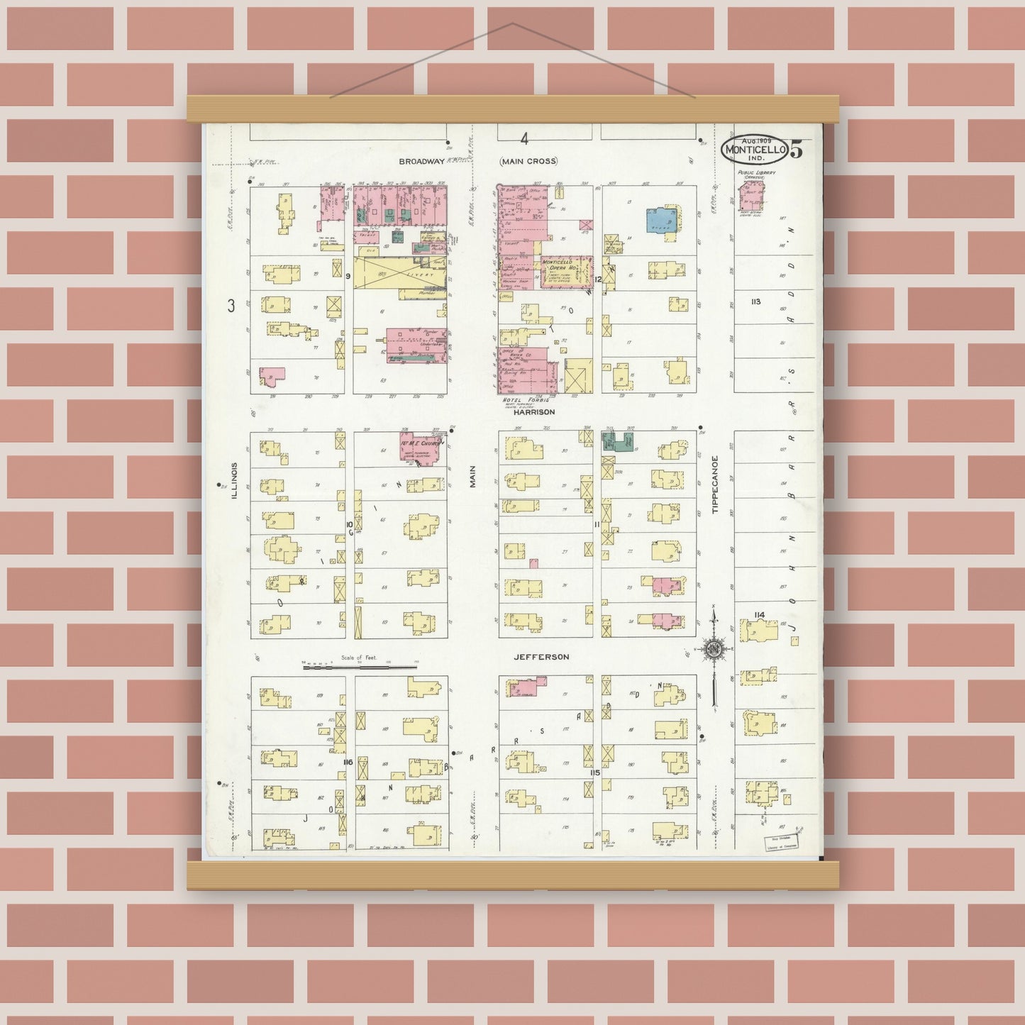 Old map wall art mockup — magnetic wood frame on brick wall — Sanborn Fire Insurance Map from Monticello, White County, Indiana (1909), Sheet #0005